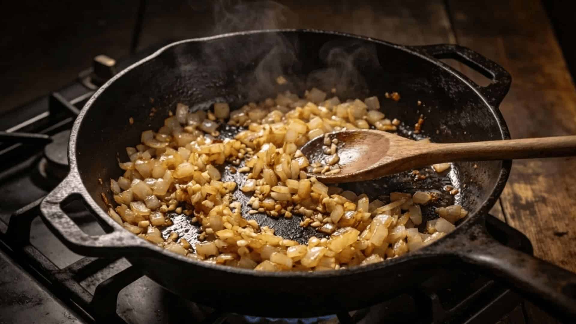 diced onion and minced garlic sautéing in a black cast iron pot with wooden spoon and browned bits visible