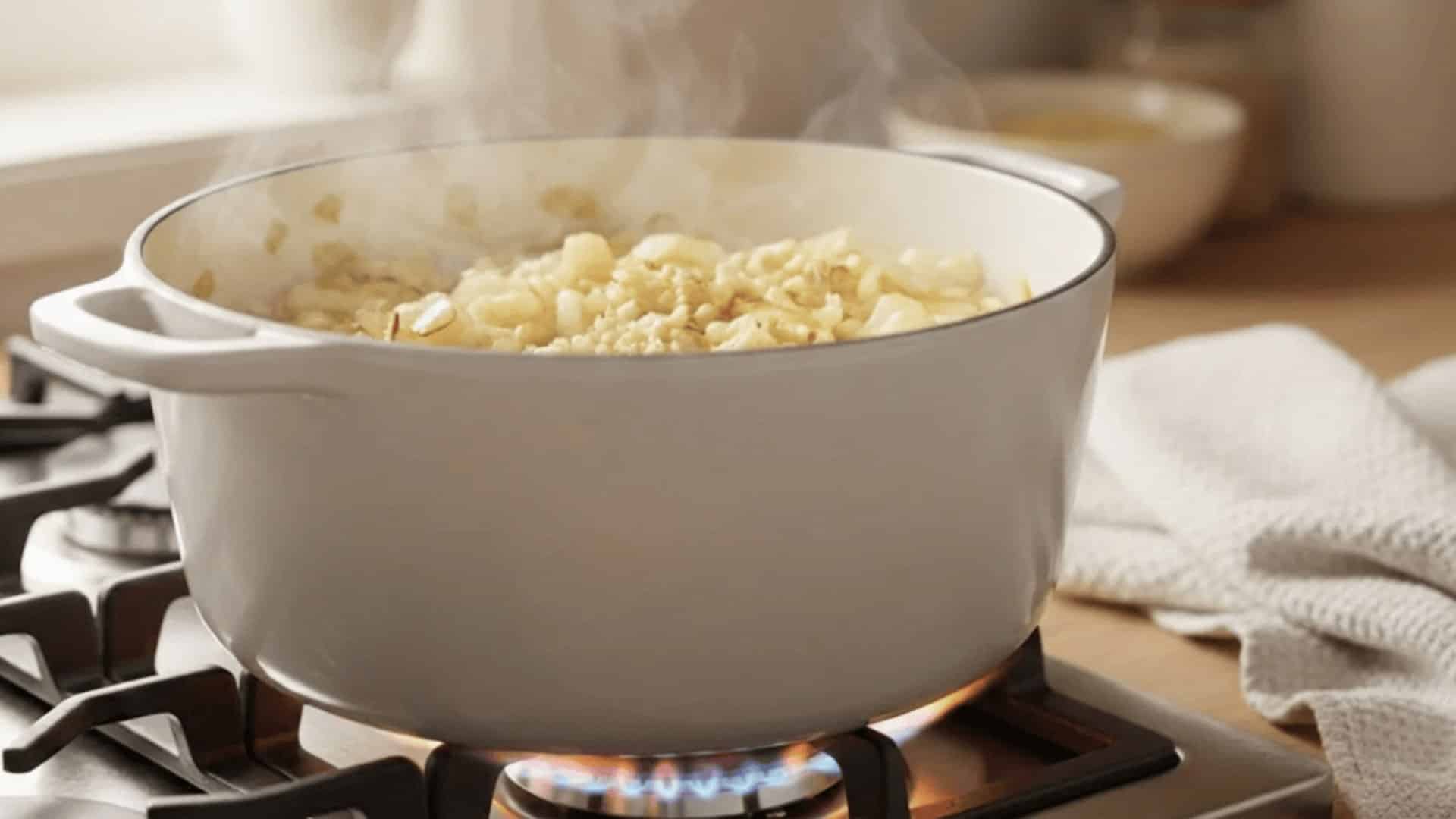 diced onion and minced garlic sautéing in olive oil in a large pot over medium heat (1)