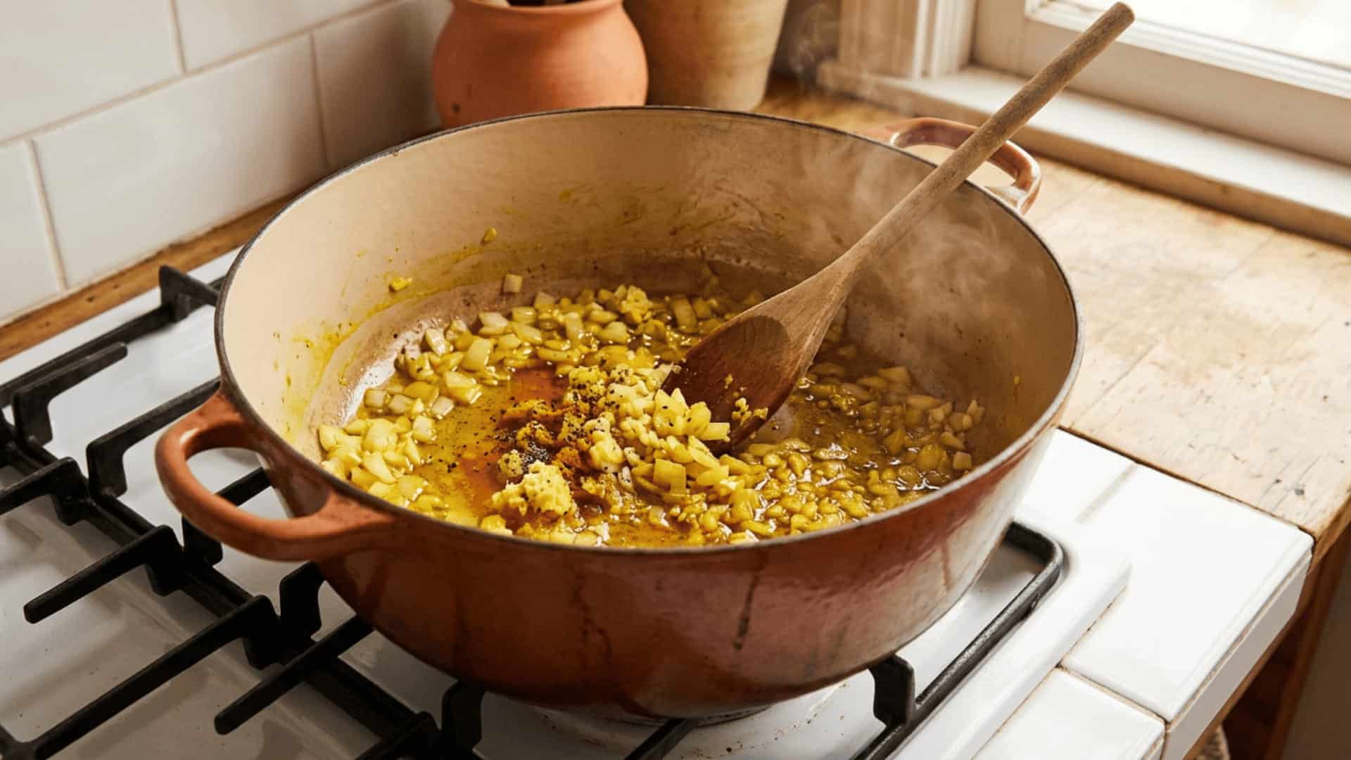 diced onion, garlic, ginger, and turmeric blooming in olive oil in a terracotta dutch oven on the stove