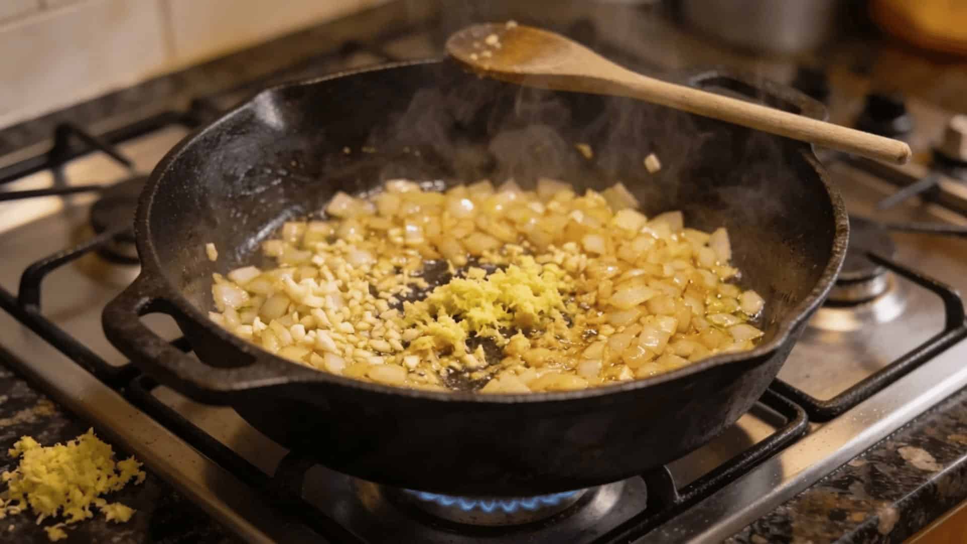 diced onion, minced garlic, and grated ginger sautéing together in a cast iron pot on the stove (1)