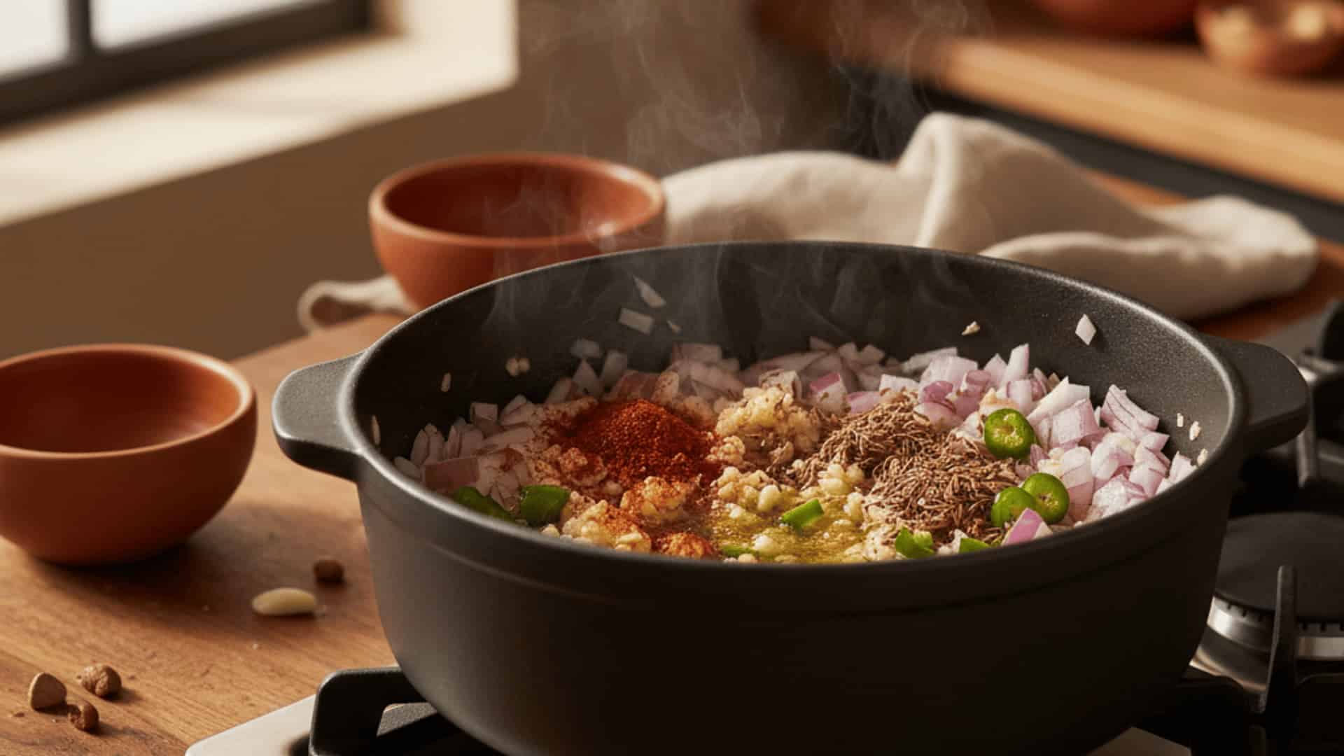 diced red onion, garlic, green chili, cumin, and red spices sautéing in a dark pot on a gas stove