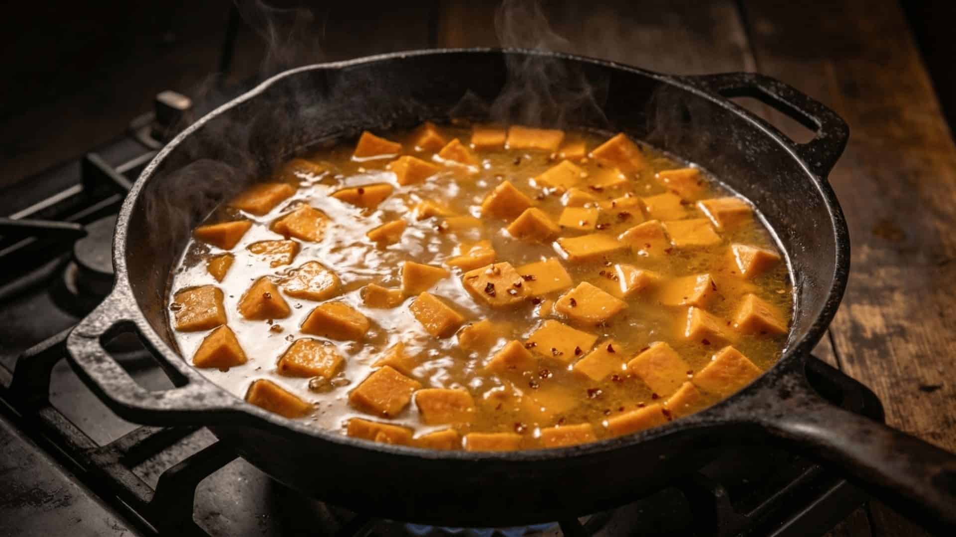 diced sweet potato cubes simmering in golden bone broth with red pepper flakes in a black cast iron pot