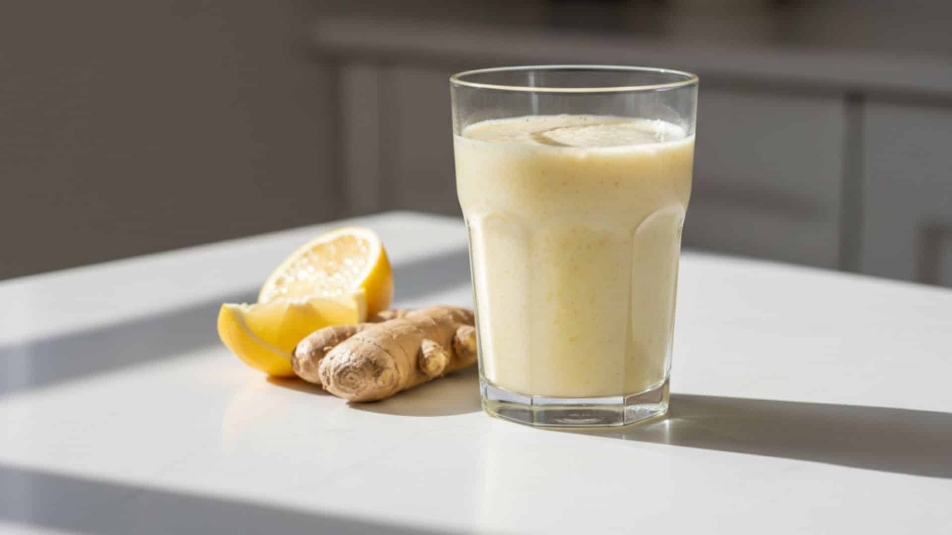 glass of lemon ginger smoothie on a kitchen counter with fresh lemon slices and ginger root nearby