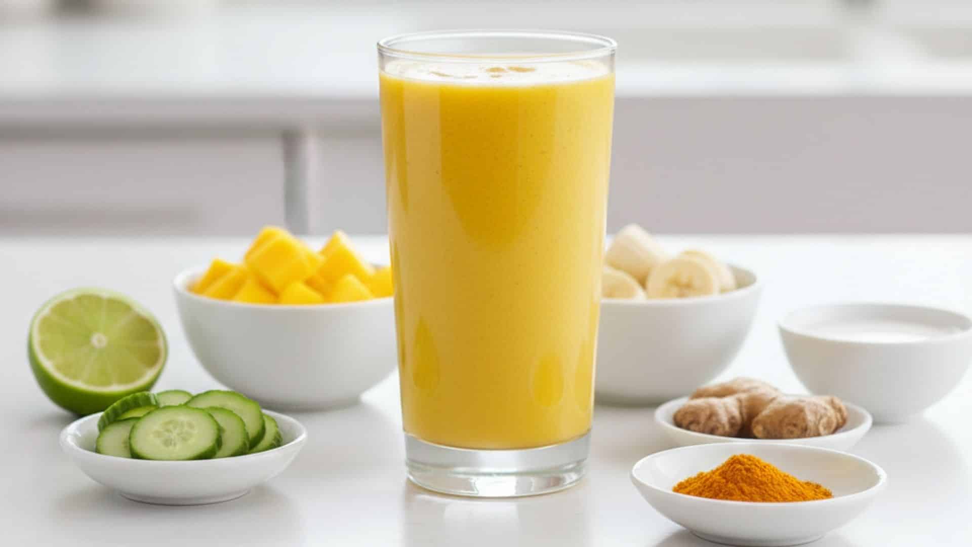 glass of tropical mango pineapple smoothie with bowls of banana, lime, turmeric, and coconut milk