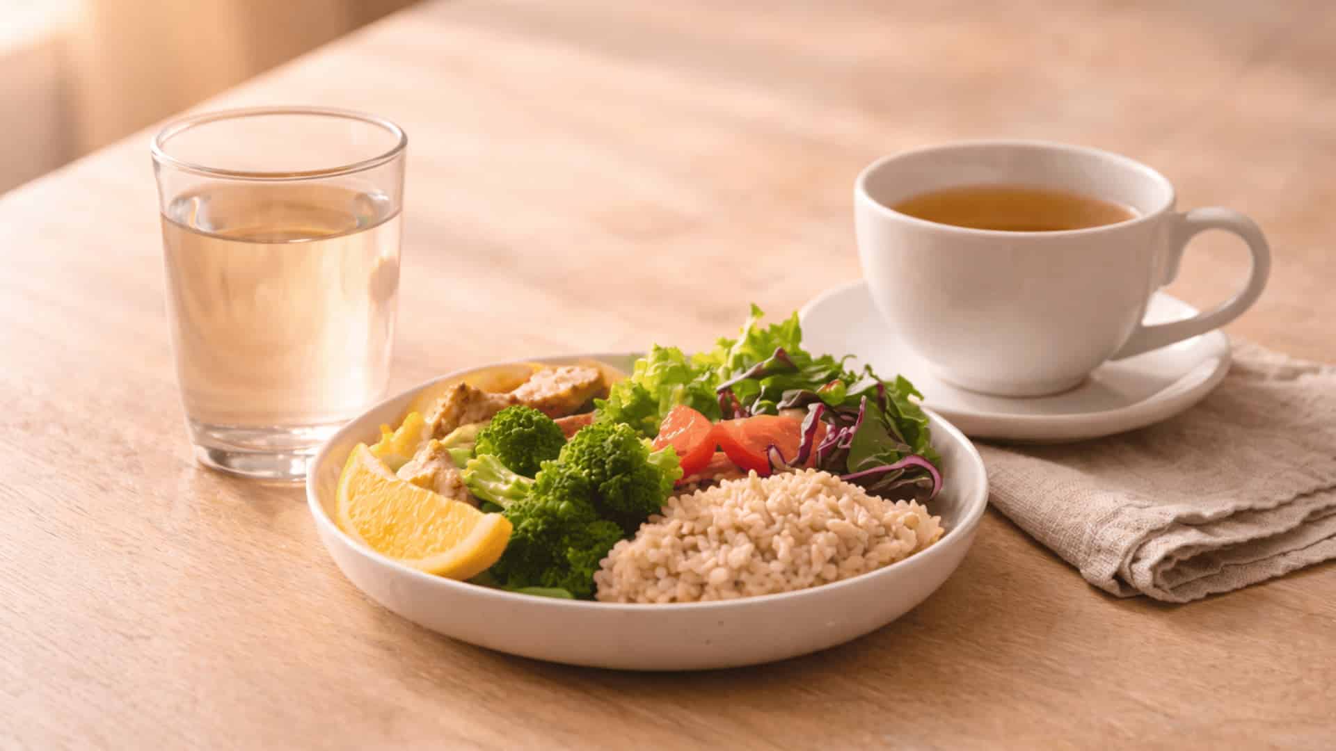 glass of warm water, balanced meal with rice and vegetables, and herbal tea on wooden table in soft light