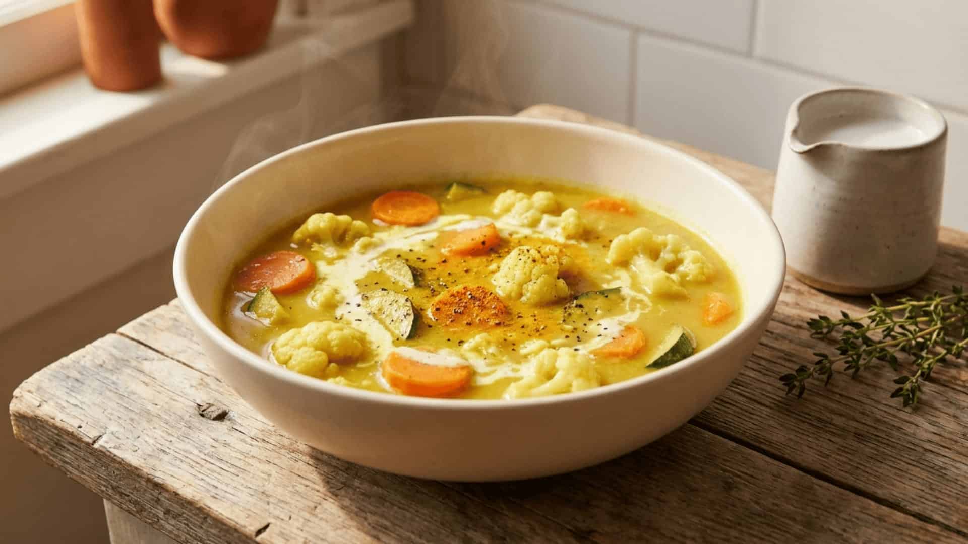 golden turmeric vegetable soup with carrots and cauliflower in a creamy coconut broth served in a ceramic bowl