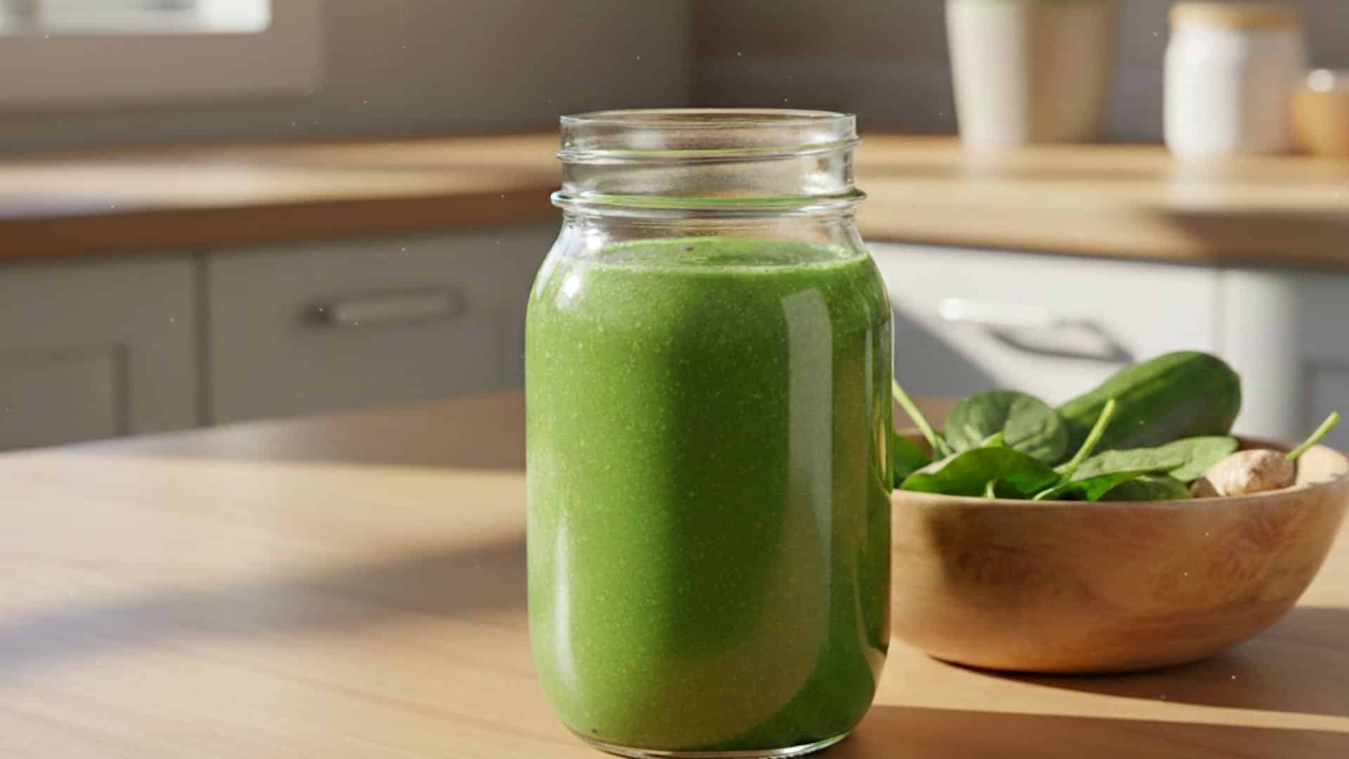 green detox smoothie in glass jar on sunlit kitchen counter with spinach and cucumber nearby
