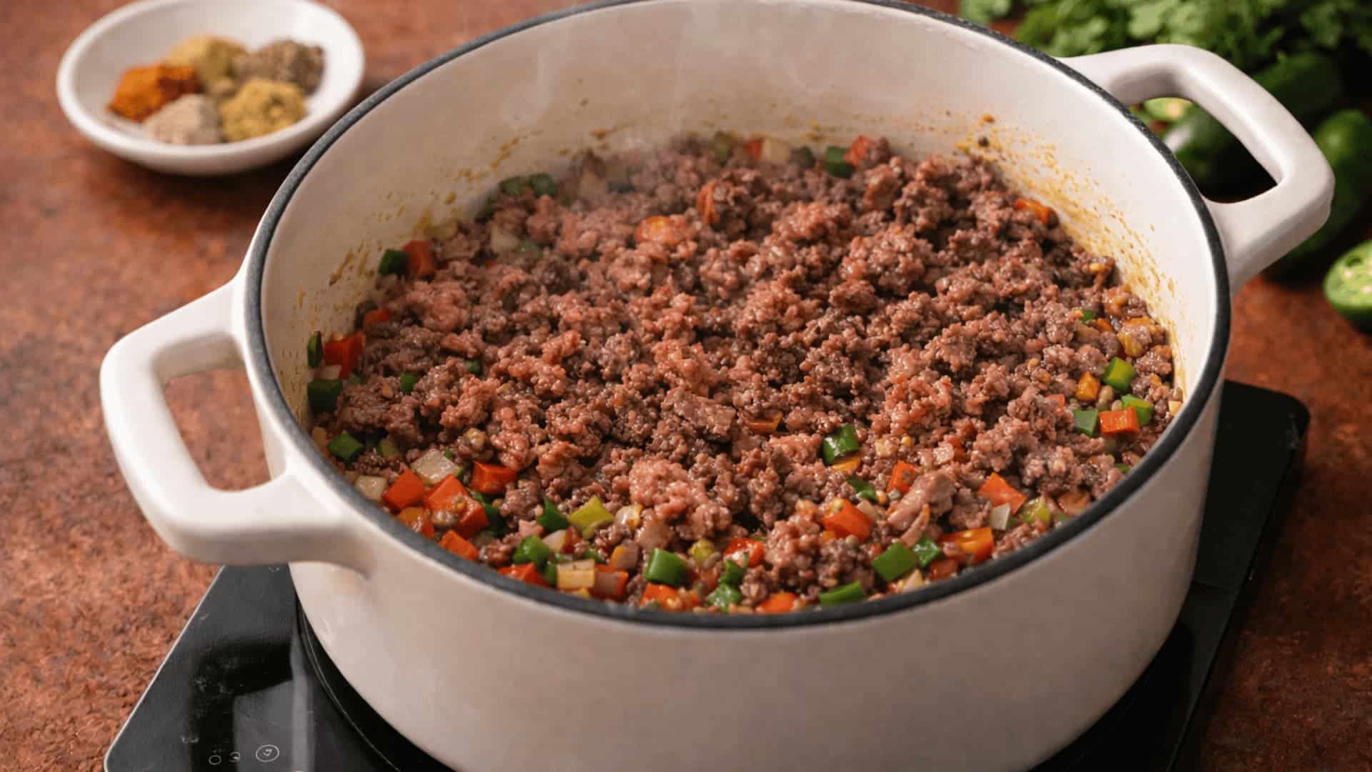ground beef browning with diced bell peppers, tomatoes, and onions in a white dutch oven on stovetop