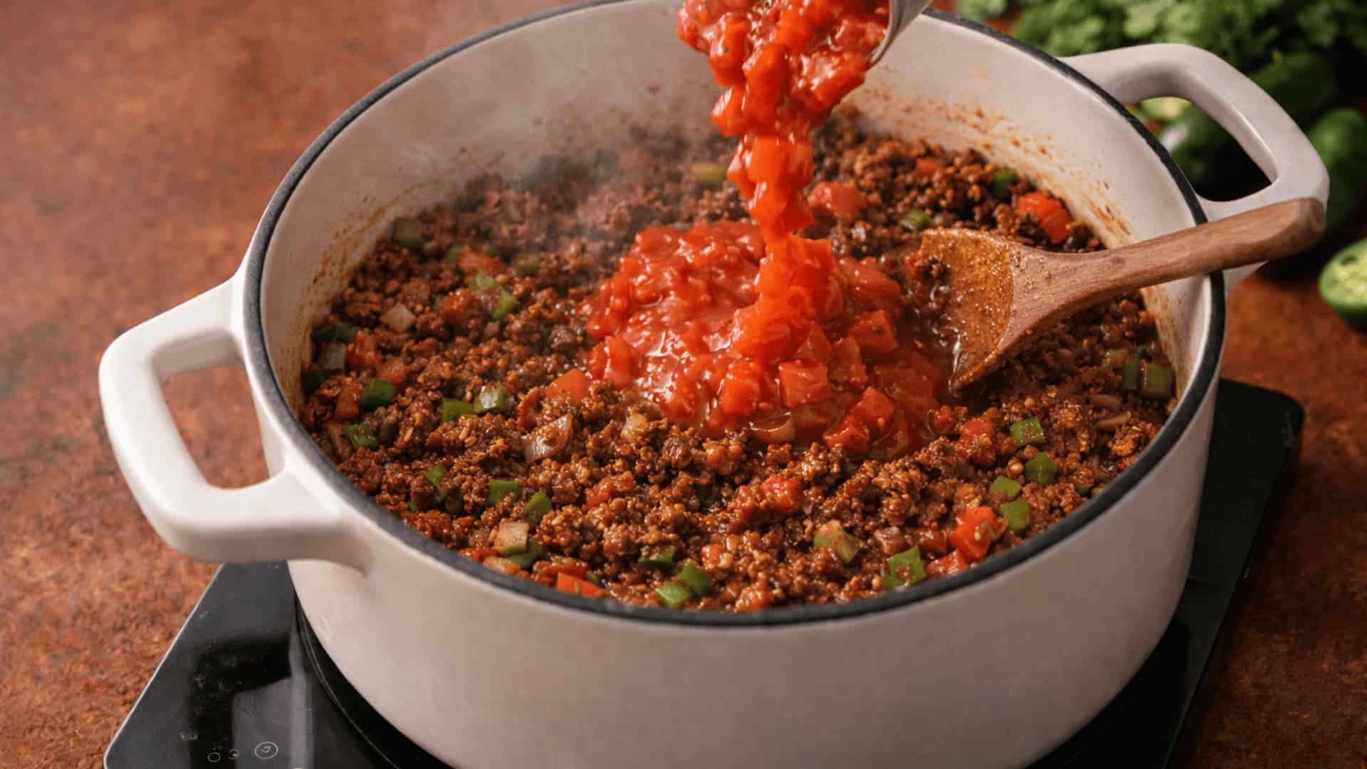 ground beef browning with diced bell peppers, tomatoes, and onions in a white dutch oven on stovetop (1)