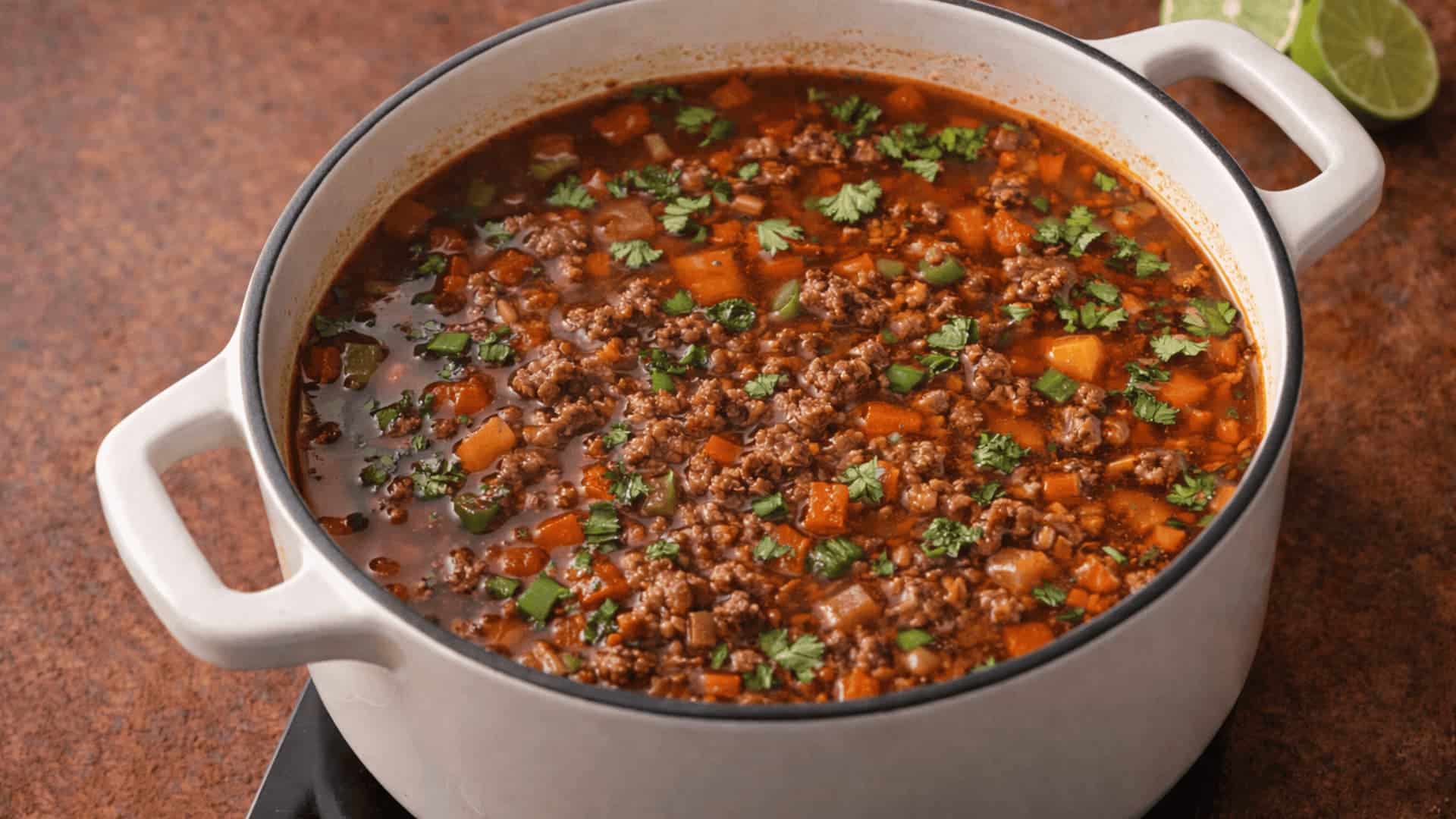 ground beef soup simmering in a white dutch oven with vegetables, tomato broth, and fresh cilantro on top