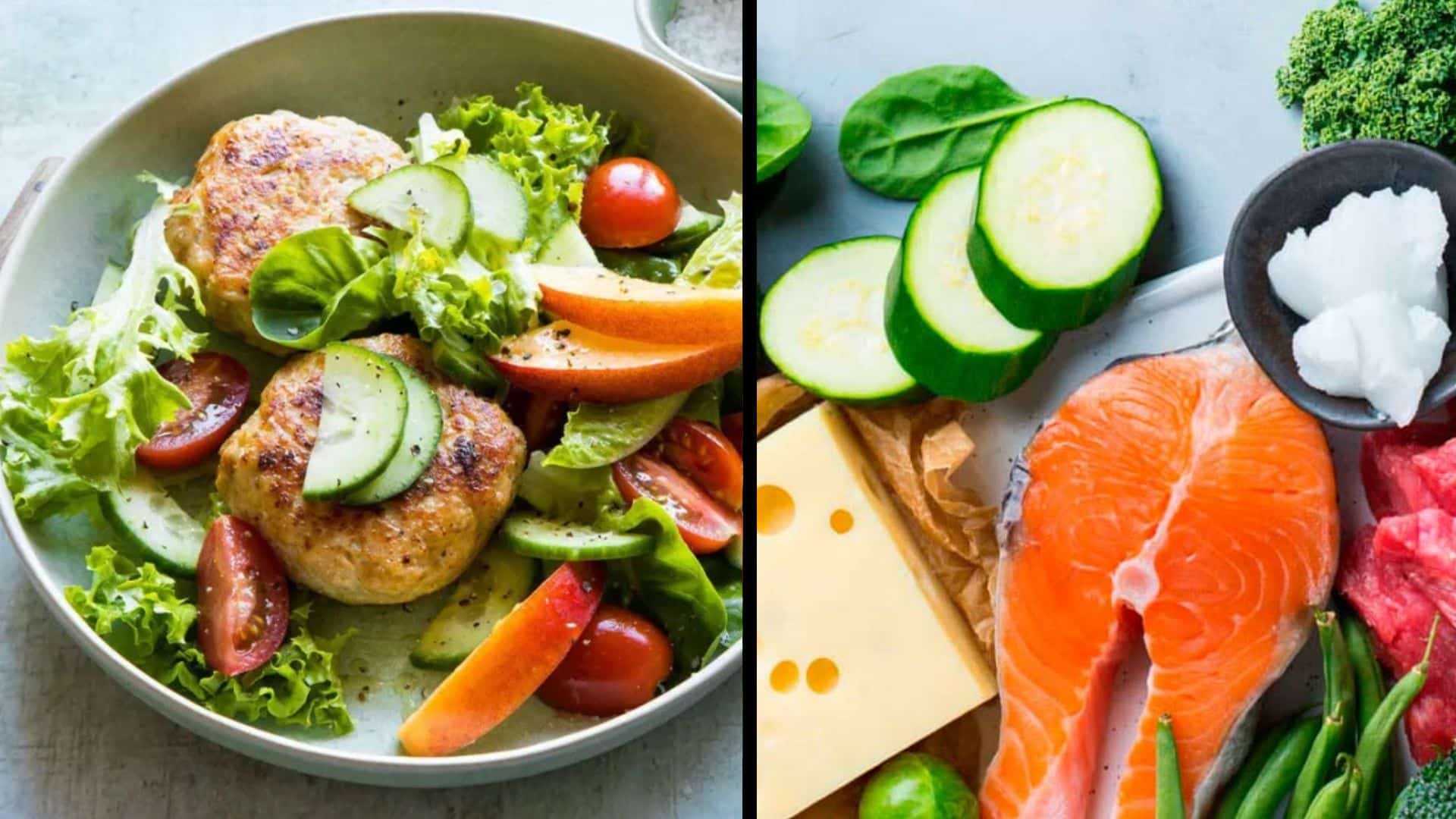 healthy meal with chicken patties and salad on the left, and fresh vegetables, salmon, cheese, and yogurt on the right