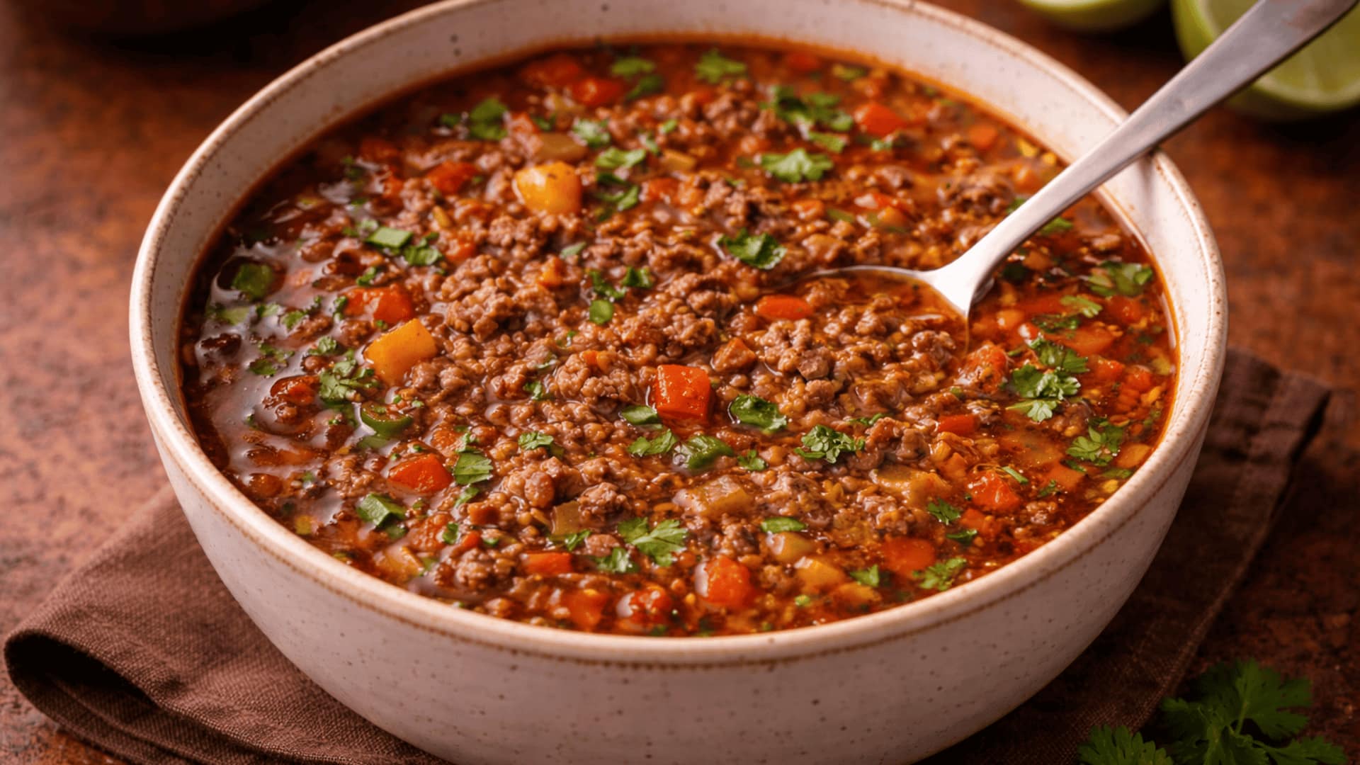 mexican beef tomato soup in ceramic bowl with spoon, rich red broth, cilantro garnish, warm rustic background