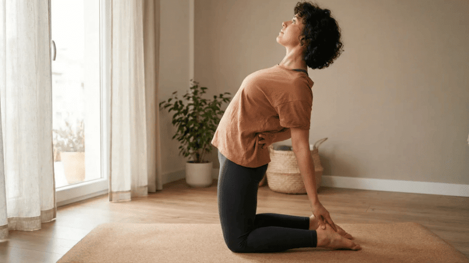 Person kneeling in Half Camel Pose, one hand on heel chest lifted, top arm extended back in gentle backbend
