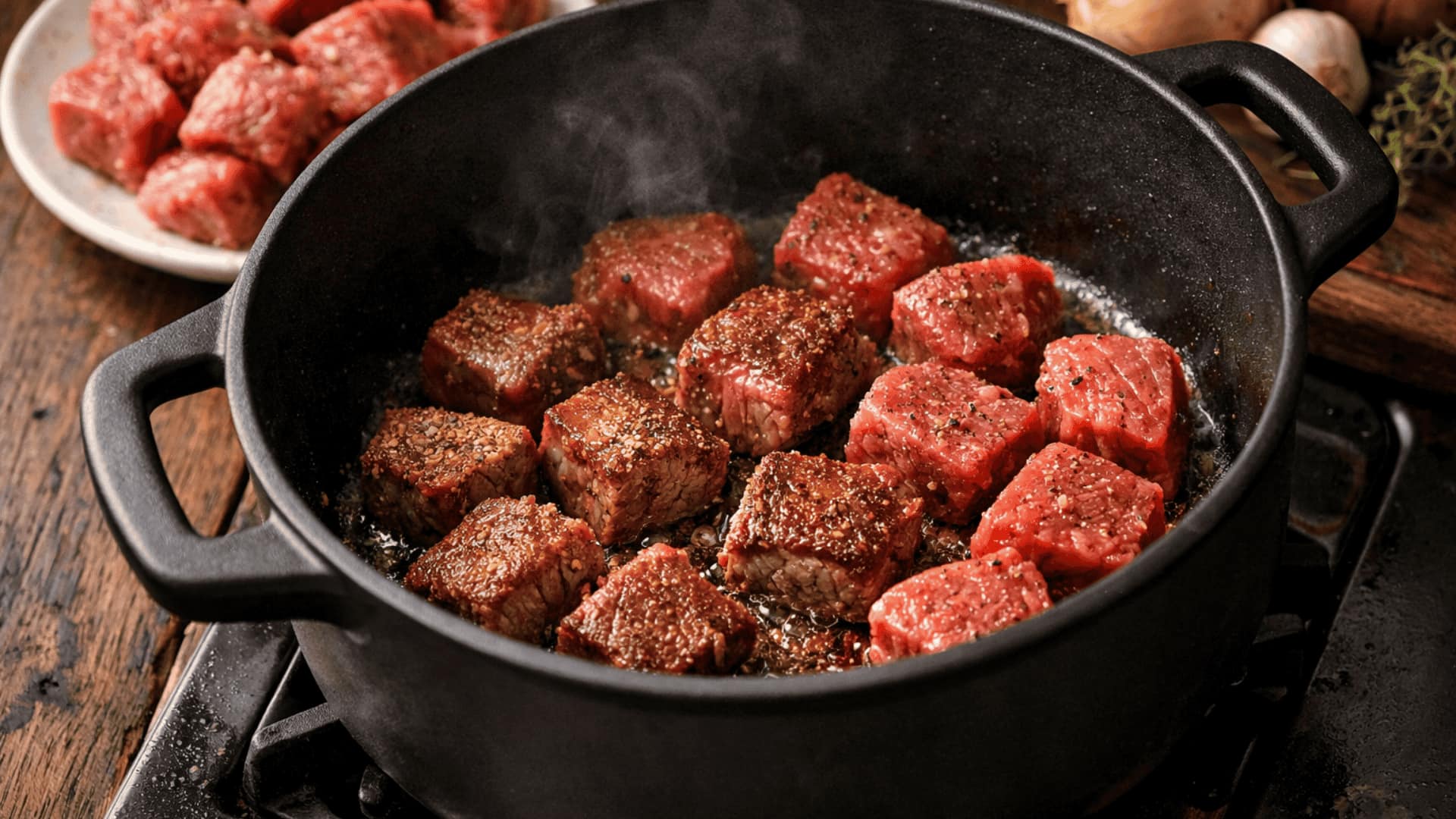 raw beef cubes searing in a cast iron pot on stovetop, some pieces golden brown with spice crust
