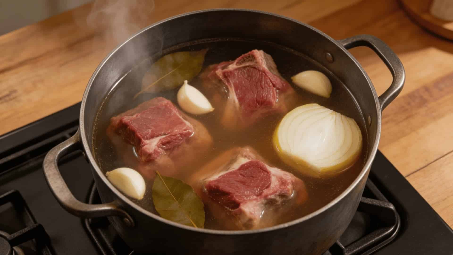 raw beef shank, garlic, onion, and bay leaves submerged in pale golden bone broth in a black cast iron pot