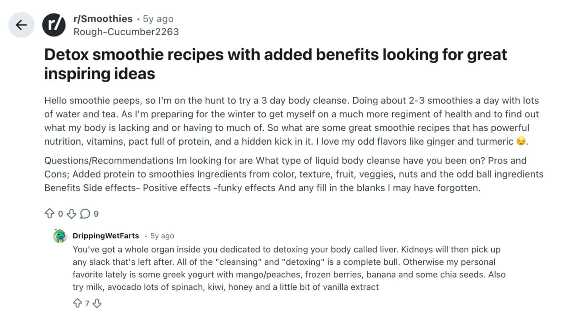 reddit thread debating detox smoothies, liver function, and sharing recipe ideas with yogurt and greens (1)