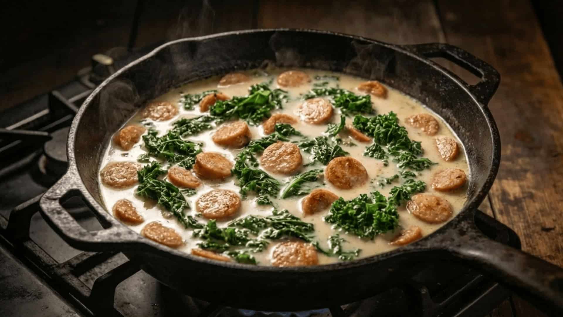 sausage slices, wilted kale, and creamy coconut milk broth simmering together in a black cast iron pot on stovetop