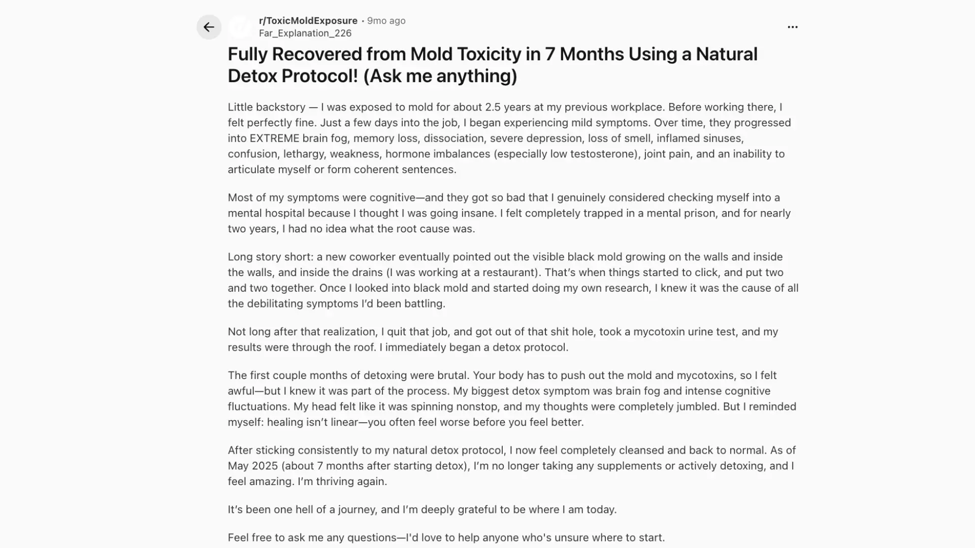 screenshot of a reddit post titled fully recovered from mold toxicity in 7 months using a natural detox protocol
