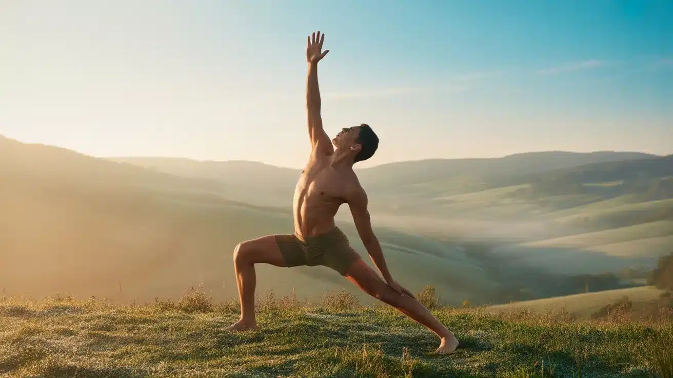 shirtless man performing yoga warrior pose on a hill top at sunrise with scenic rolling mountains in background outdoors