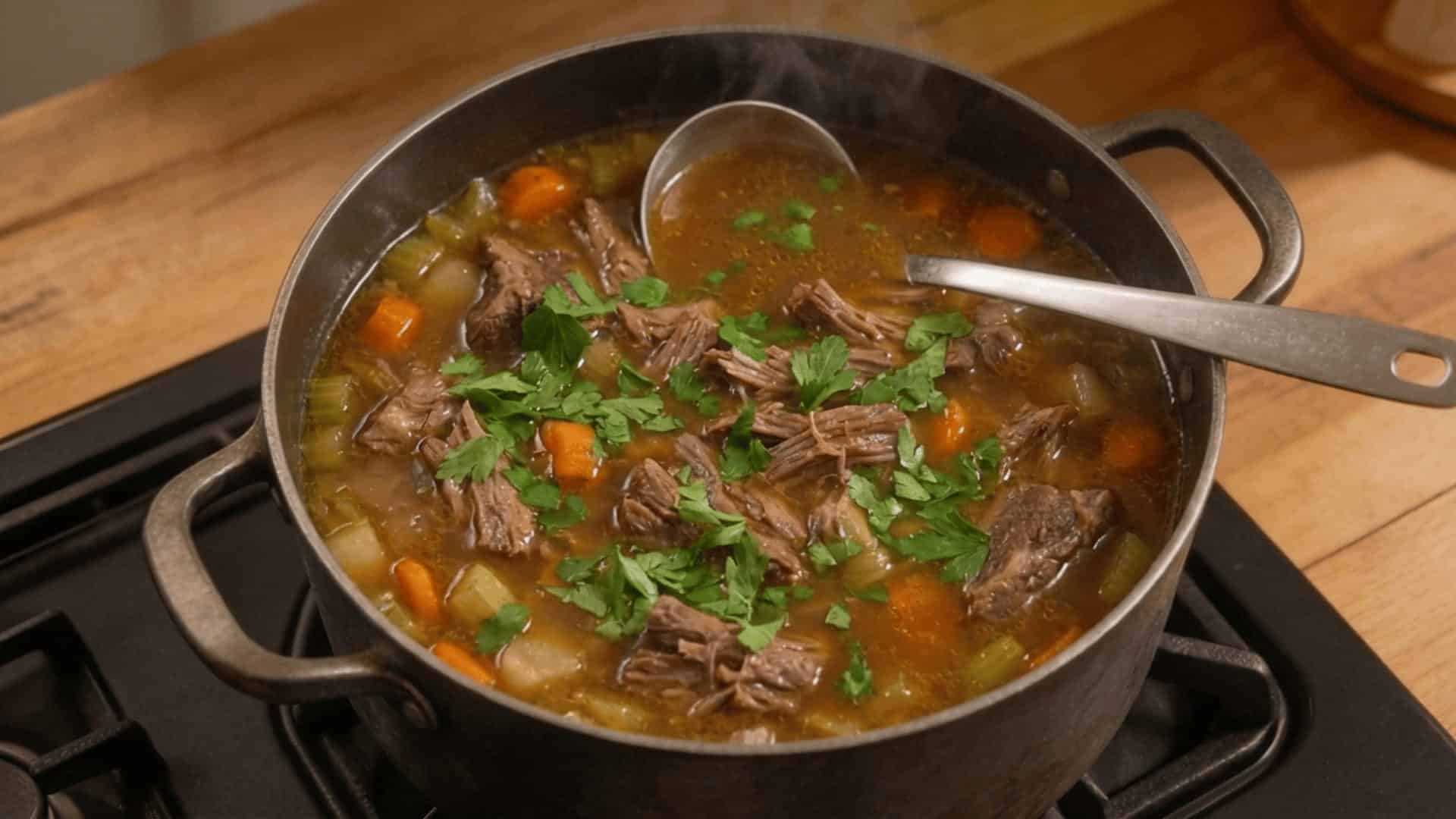 shredded beef in deep amber bone broth with cooked vegetables and fresh parsley scattered across the surface