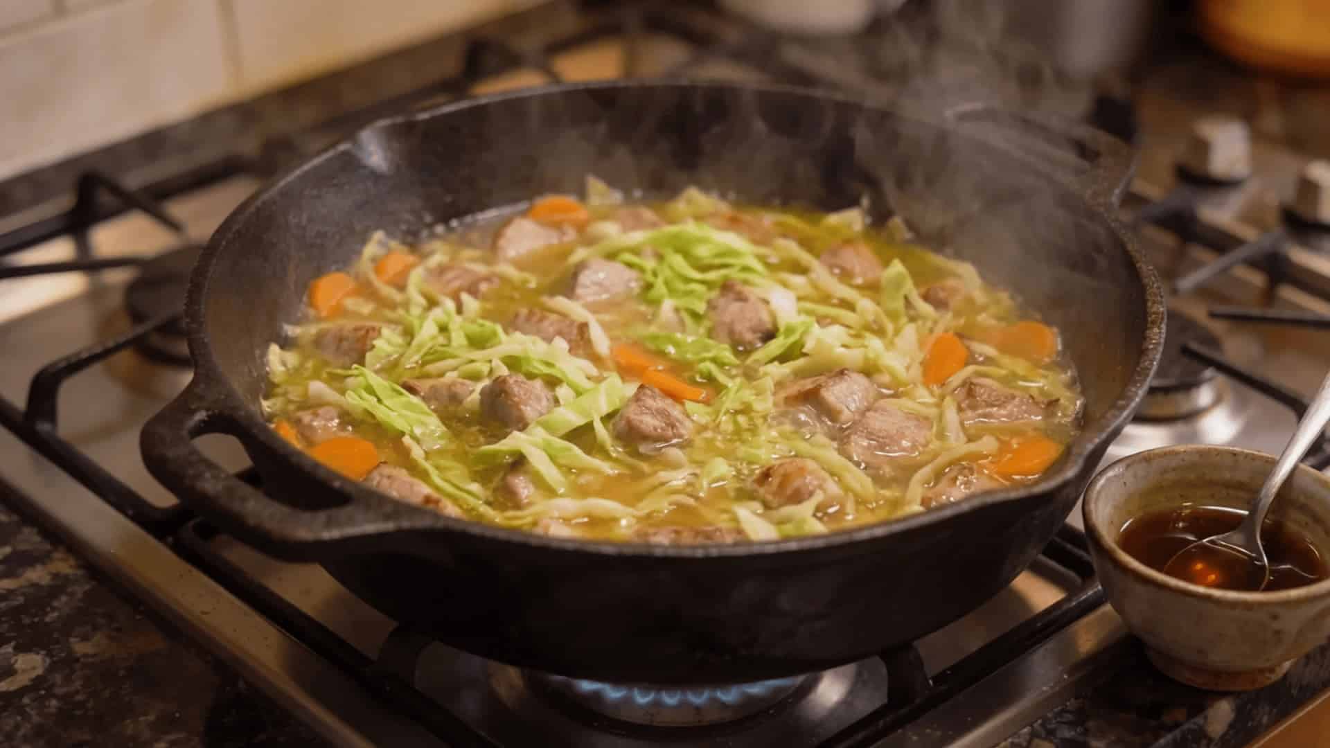 shredded cabbage and sliced carrots added to pork bone broth soup simmering in a cast iron pot