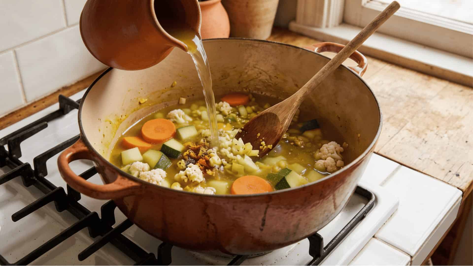 sliced carrots, cauliflower, and zucchini added to golden turmeric broth in a terracotta dutch oven