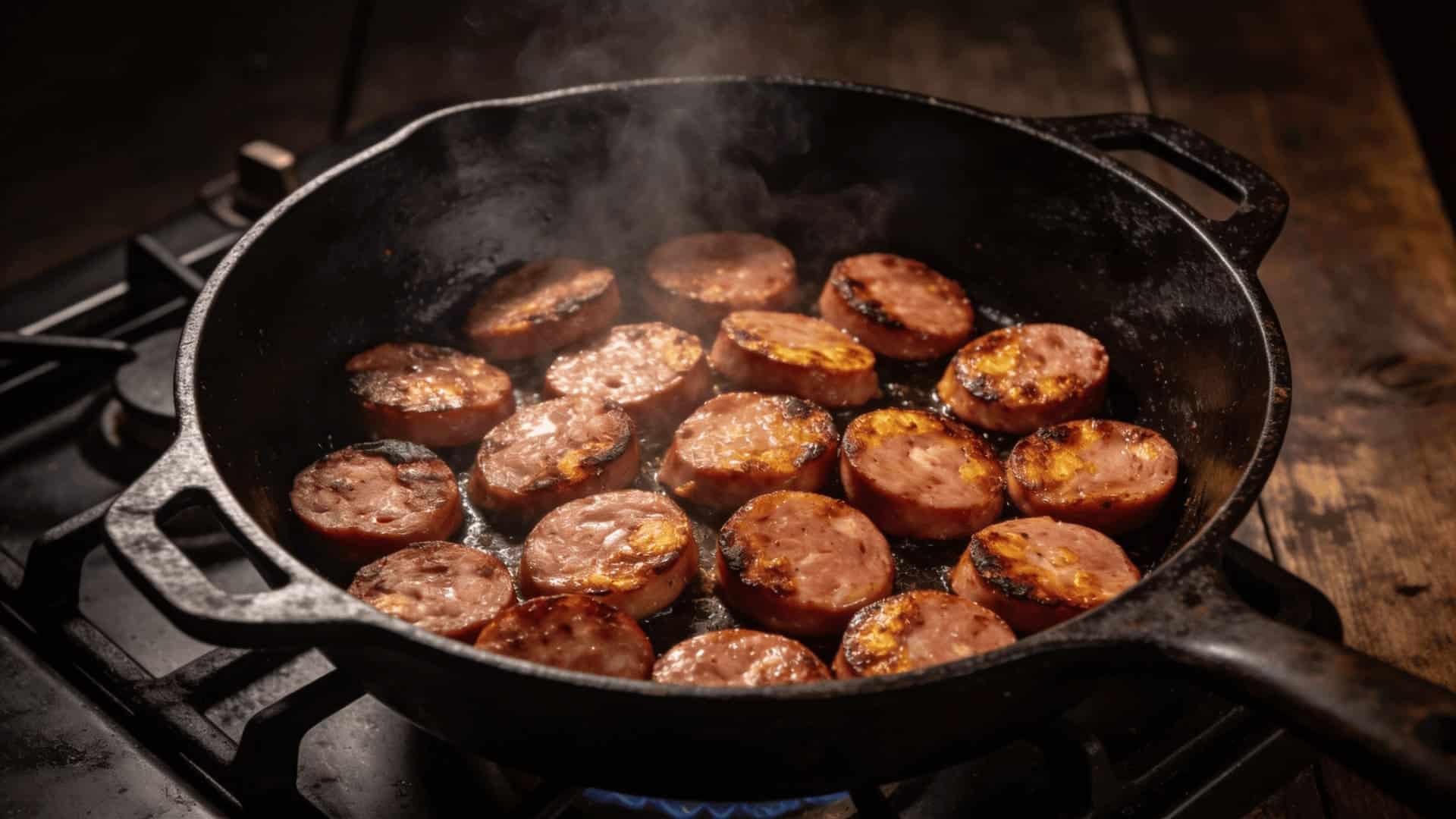 sliced sausage rounds browning in a black cast iron pot on stovetop with golden crust forming on each piece