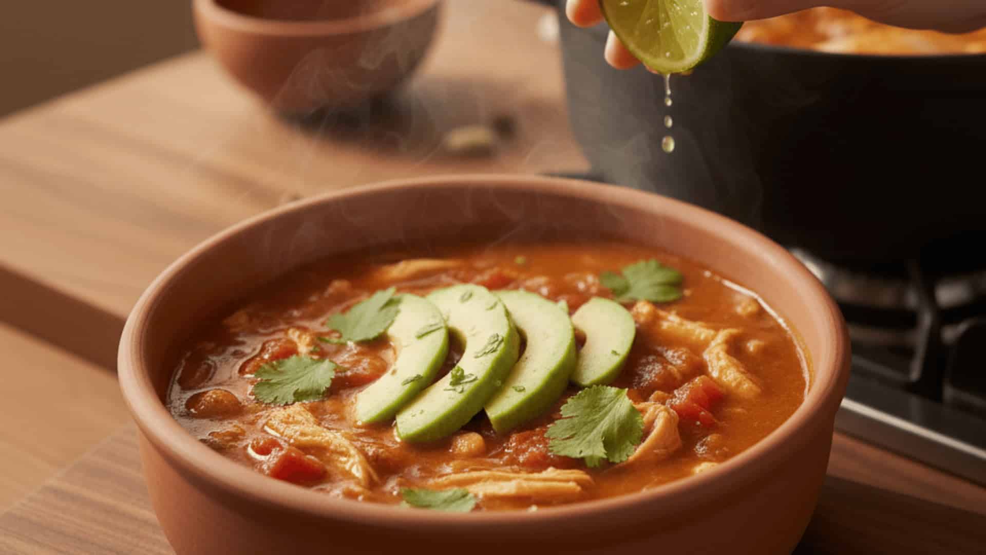 spiced shredded chicken soup in a clay bowl topped with avocado slices, cilantro, and a lime squeeze