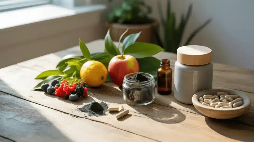 sunlit wooden table with fresh fruits, berries, charcoal powder, supplement capsules, and wellness jars