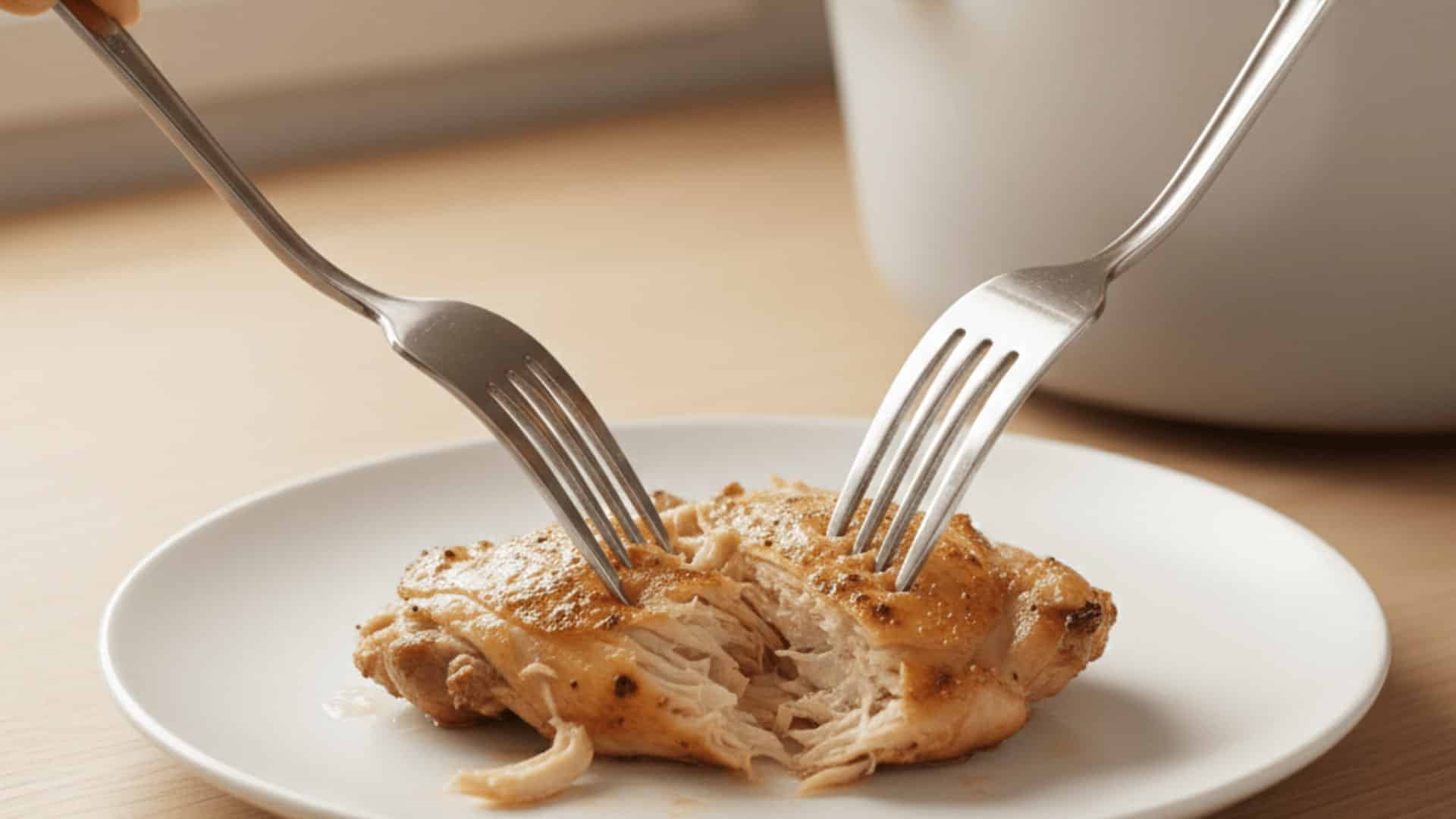 two forks shredding a golden seared chicken thigh on a white plate on a wooden surface