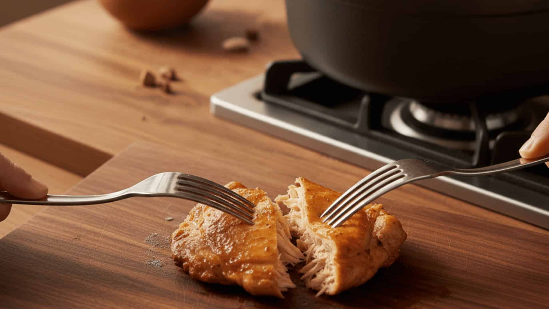 two forks shredding a spiced golden chicken thigh on a wooden cutting board near a gas stove