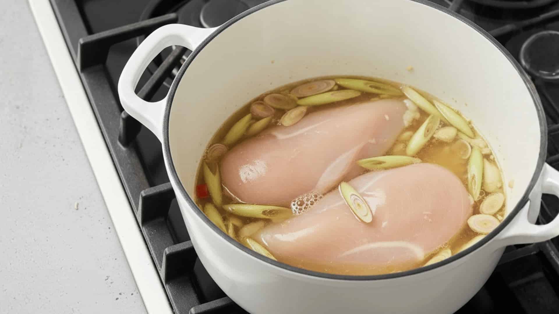 two raw chicken breasts poaching in broth with sliced lemongrass and scallions in a white dutch oven