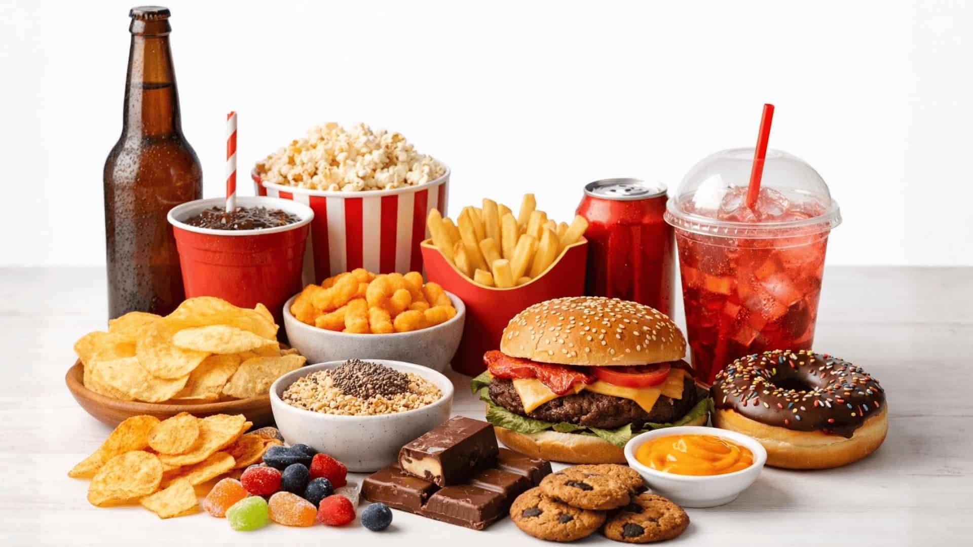 ultra-processed snacks, beer bottle, soda, burger, fries, and sweets arranged on a white studio surface