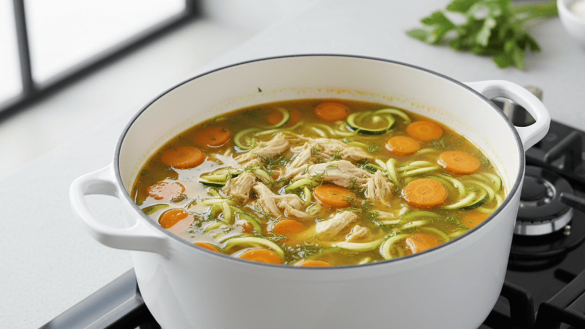 white dutch oven filled with shredded chicken zucchini noodle soup with carrots and fresh dill