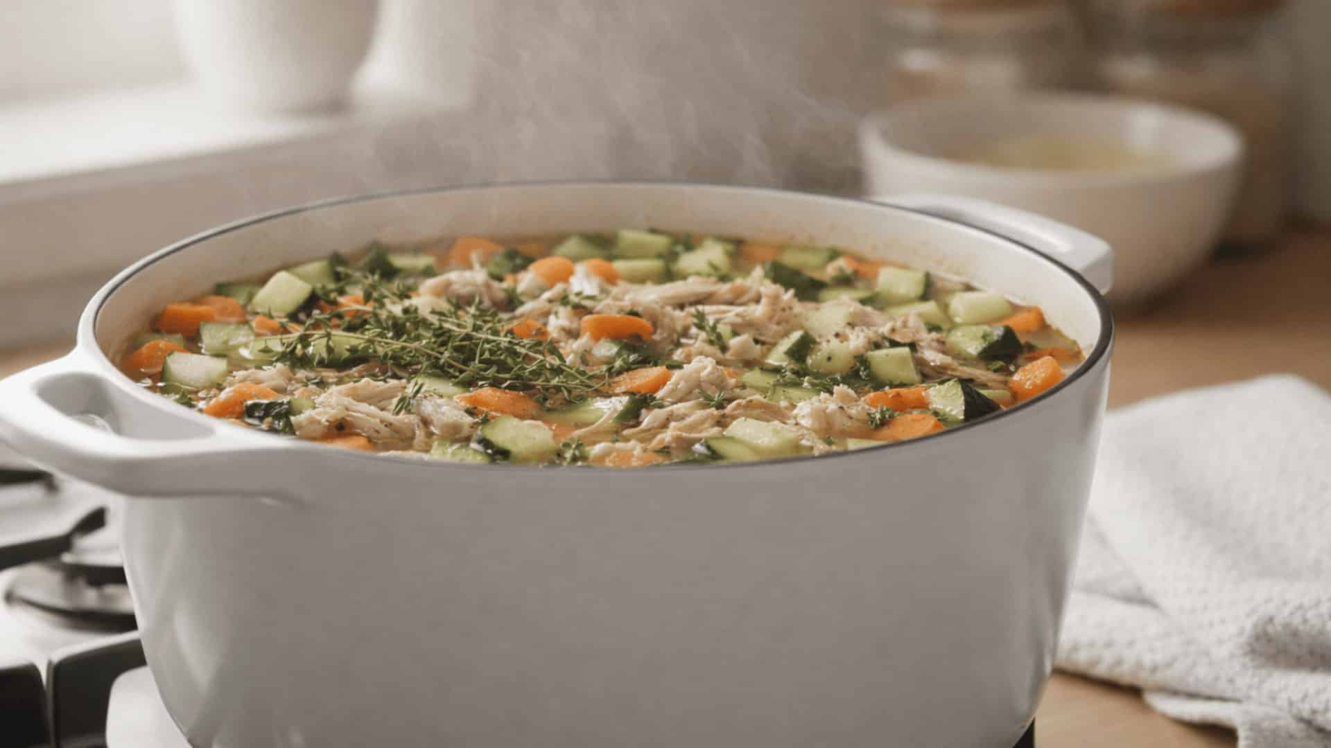 white dutch oven with chicken vegetable soup simmering, shredded chicken zucchini carrots and herbs visible