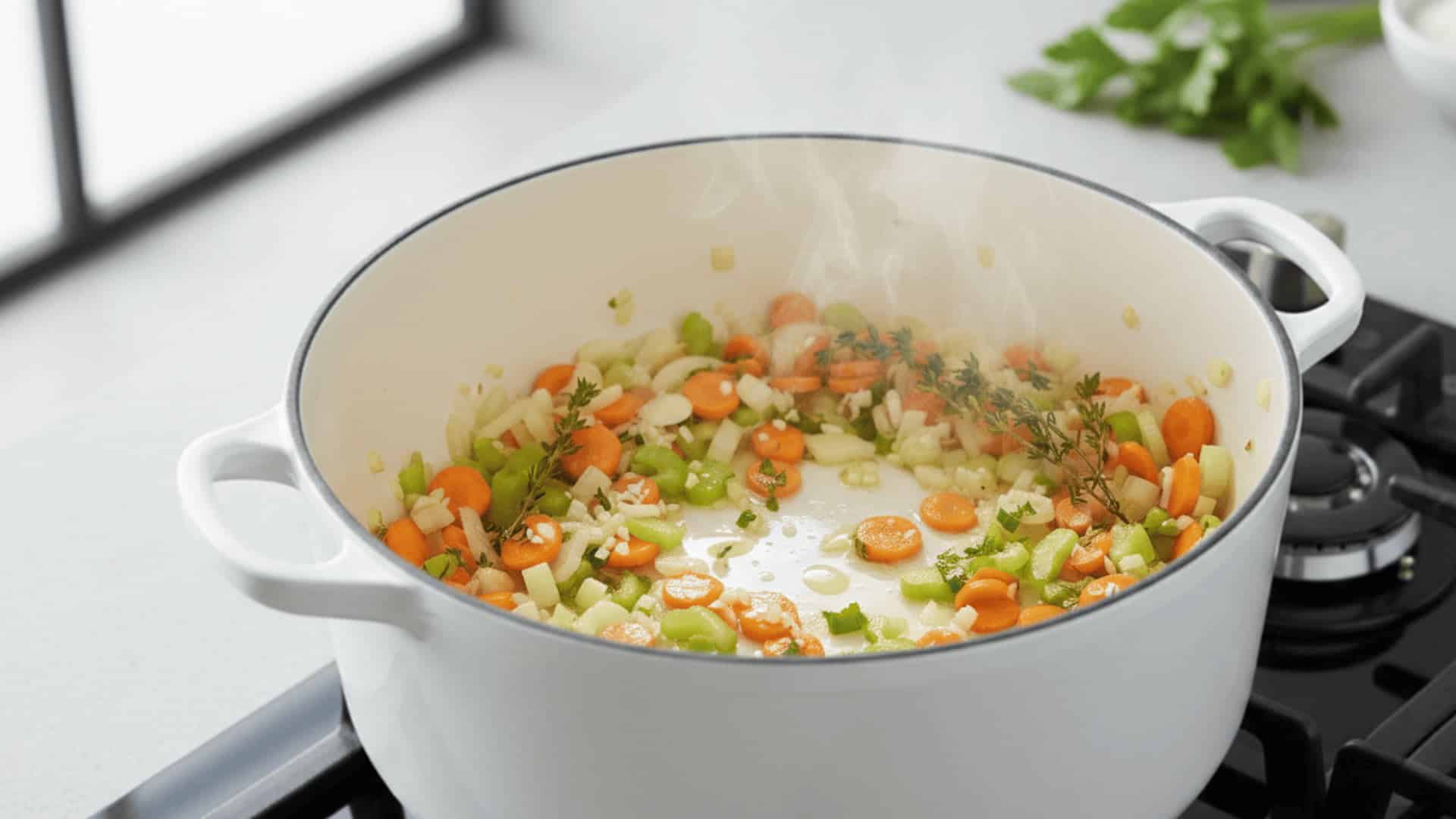 white dutch oven with sautéed carrots, celery, onion, and fresh thyme steaming on a gas stovetop