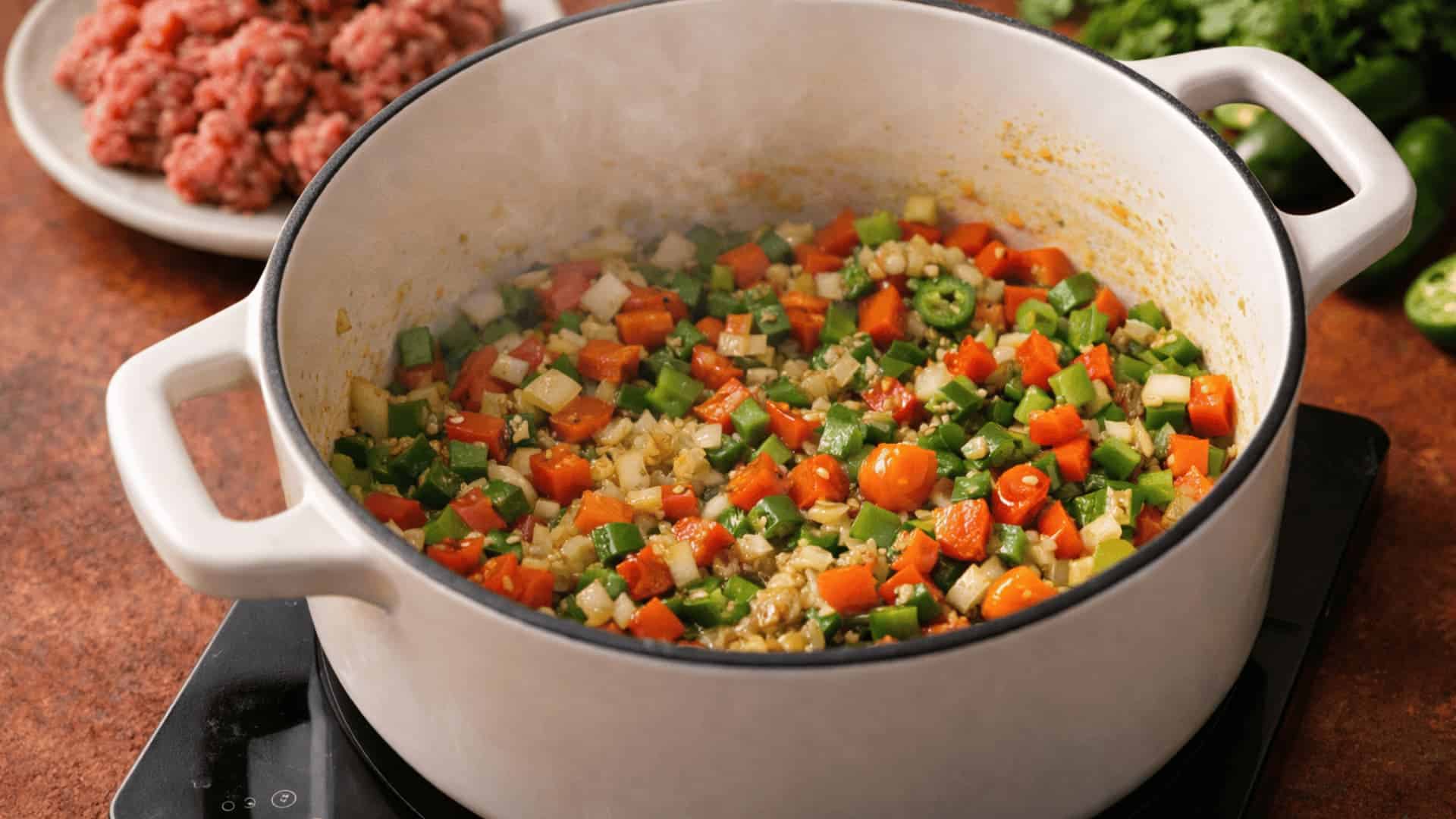 white dutch oven with sautéed diced vegetables including bell peppers, tomatoes, onions, and jalapeños on stovetop