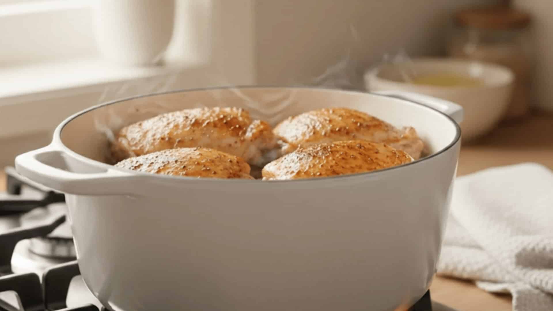 white pot with browned chicken pieces cooking on gas stove with blue flame and steam rising in a cozy kitchen setting