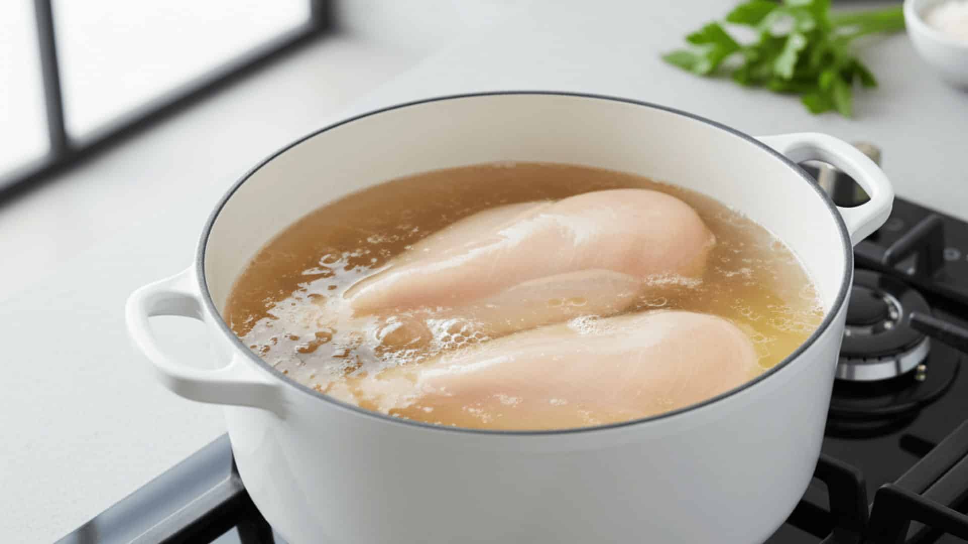 whole chicken breasts simmering in golden bone broth inside a white dutch oven on a gas stovetop