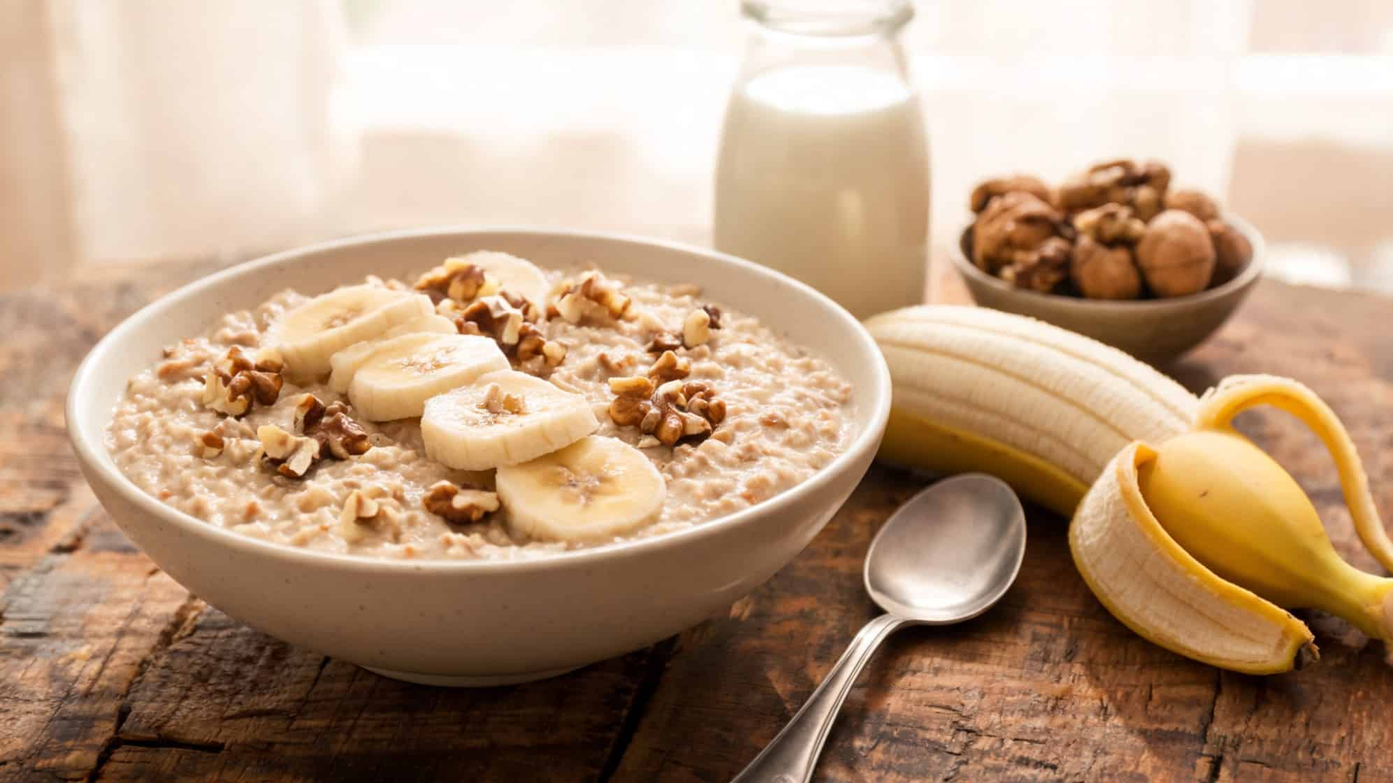 A bowl of oatmeal topped with banana slices and walnuts sits on a rustic wooden table
