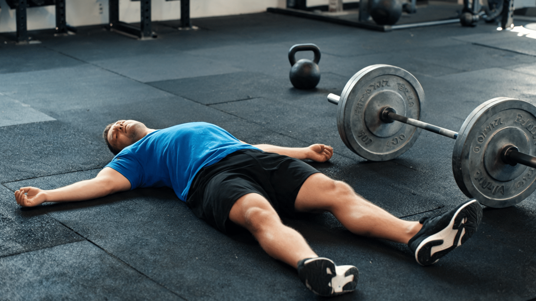 A man in a gym lies exhausted on the floor. He's wearing workout clothes, conveying fatigue post-workout.