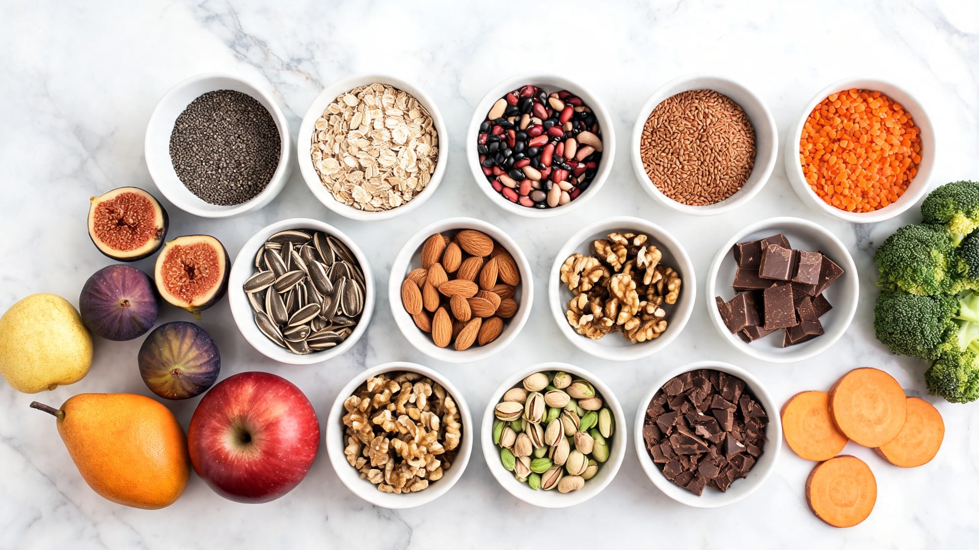 An assortment of fiber foods on a marble surface, including nuts, seeds, fruits, vegetables, oats, chocolate, and beans