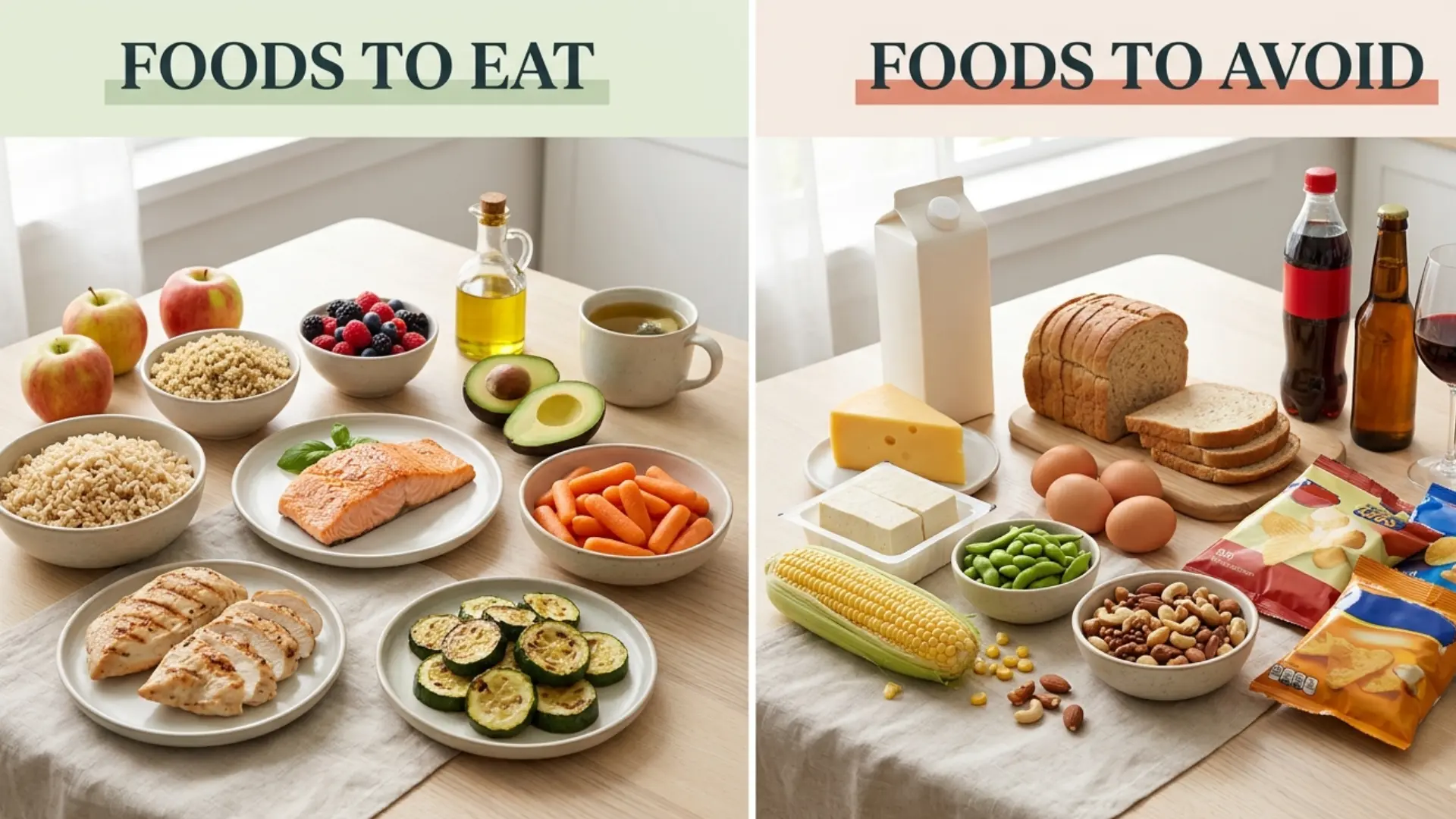 Foods to eat and avoid during an elimination diet, including simple proteins, fruits, vegetables, grains, dairy, gluten, soy, eggs, corn, nuts, and processed foods