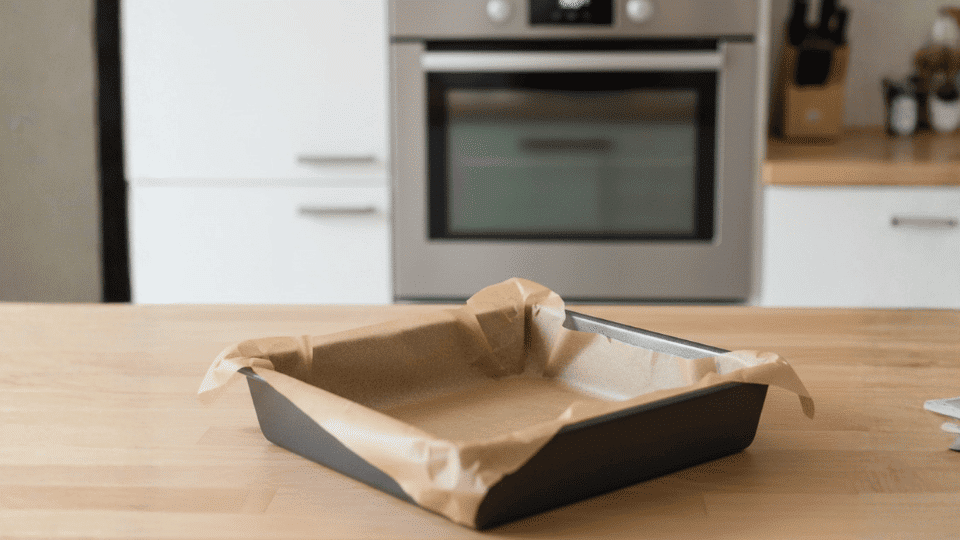 a baking tray lined with parchment paper sits on a wooden kitchen counter, with a modern oven visible in the background