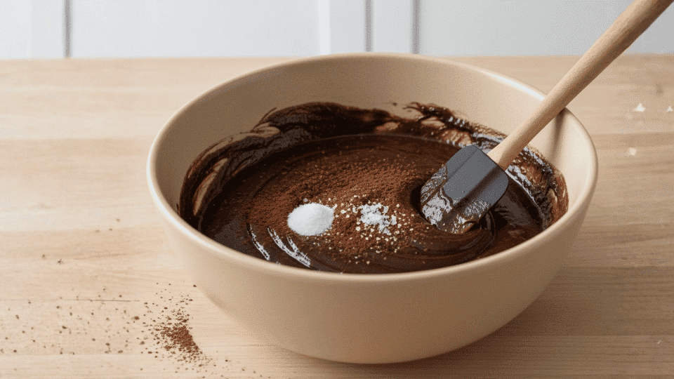 a bowl of chocolate batter with sugar on top sits on a wooden counter, with a spatula resting inside ready for mixing