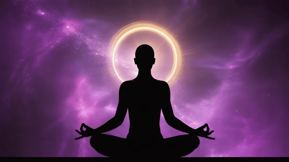 a person meditating with a clear visual flow of them engaging in mantra chanting and charging their brain with waves