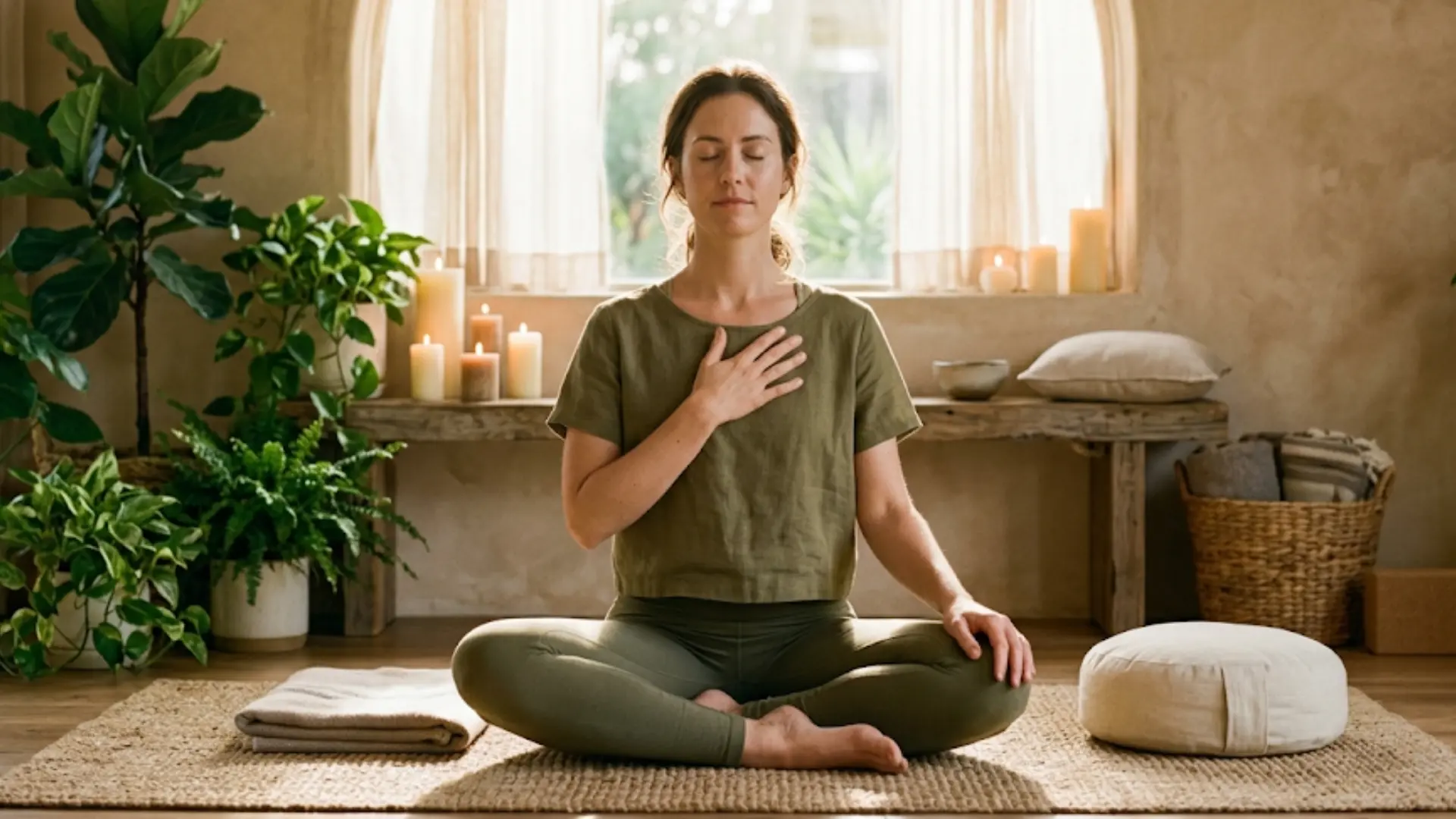 a person seated in stillness with one hand on the heart and eyes closed, surrounded by soft glowing light