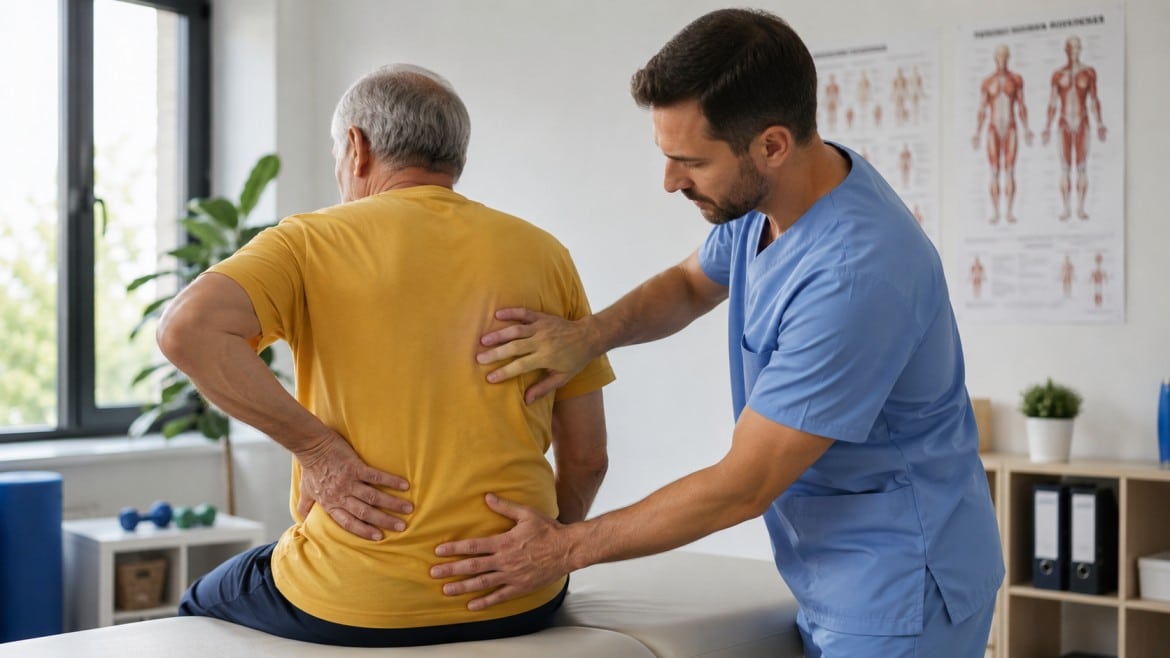 A physical therapist in blue scrubs assists an elderly man in a yellow shirt with back pain