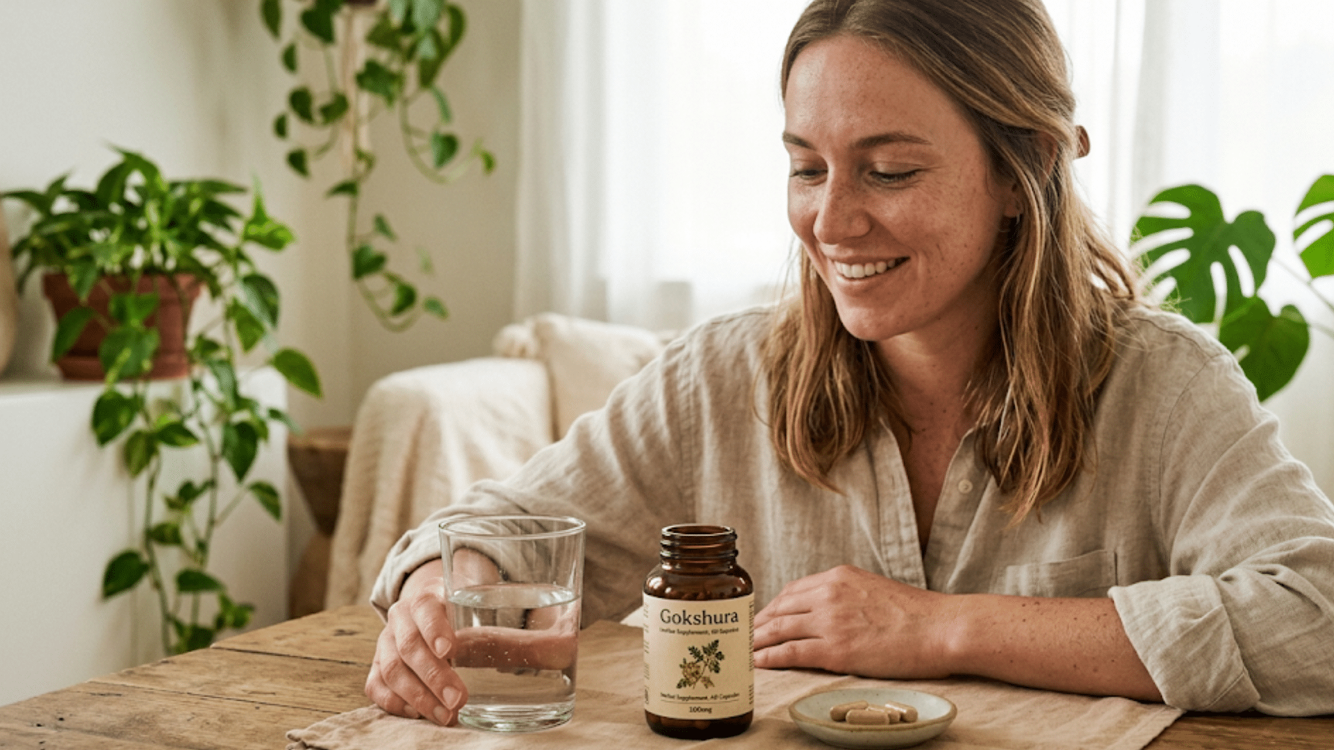 a small bottle of Gokshura capsules or herbal supplement on a neutral table beside a glass of water, a notebook