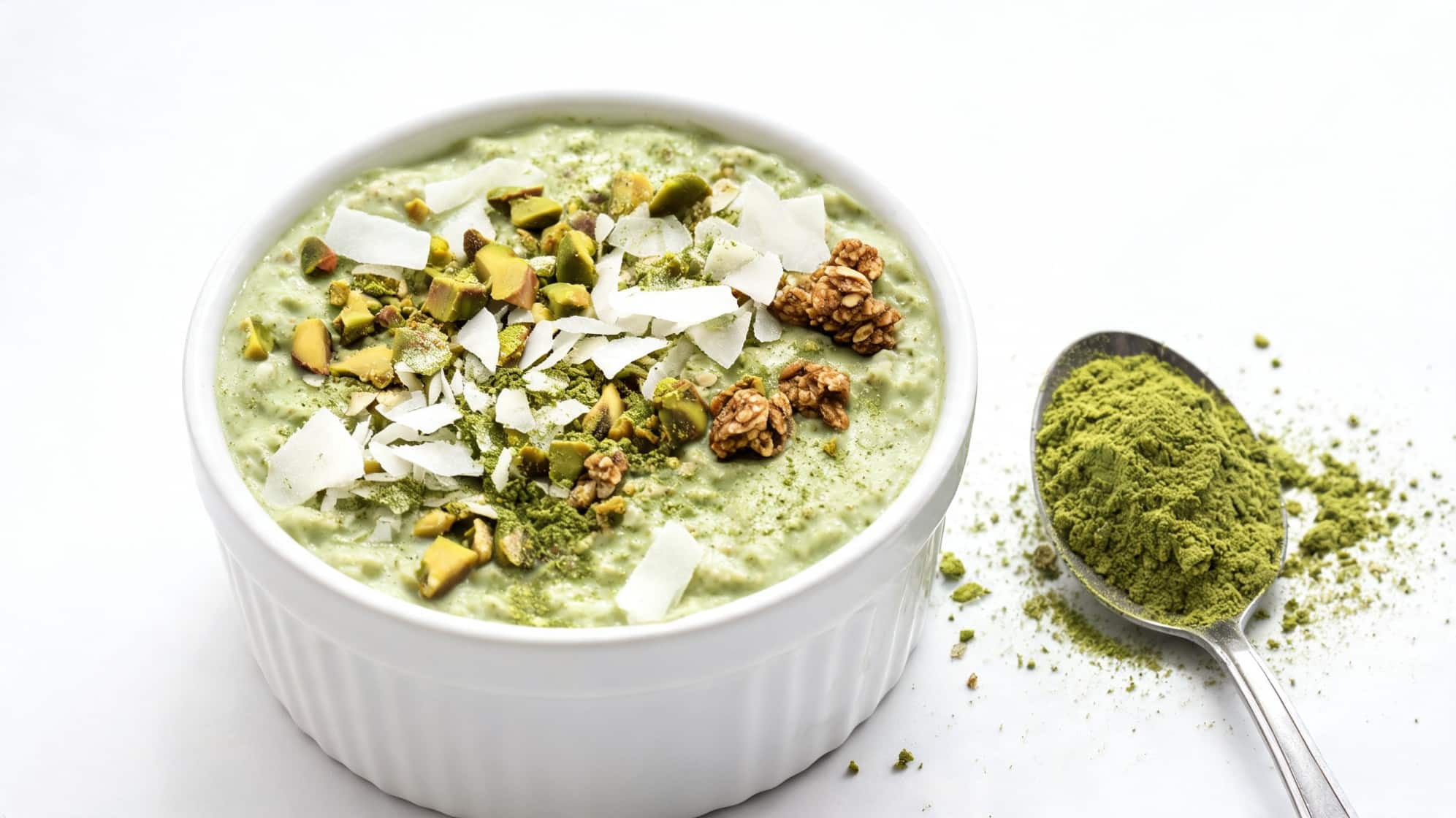 A white bowl of moringa oatmeal. A spoon with moringa powder is on the side.